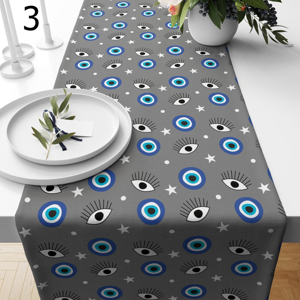 Blue Evil Eye Style Table Runner, Eye Bead Table Runner, Blue Good Luck Table Runners, Eyes Table Runner, Evil Eye Table Decor Runners