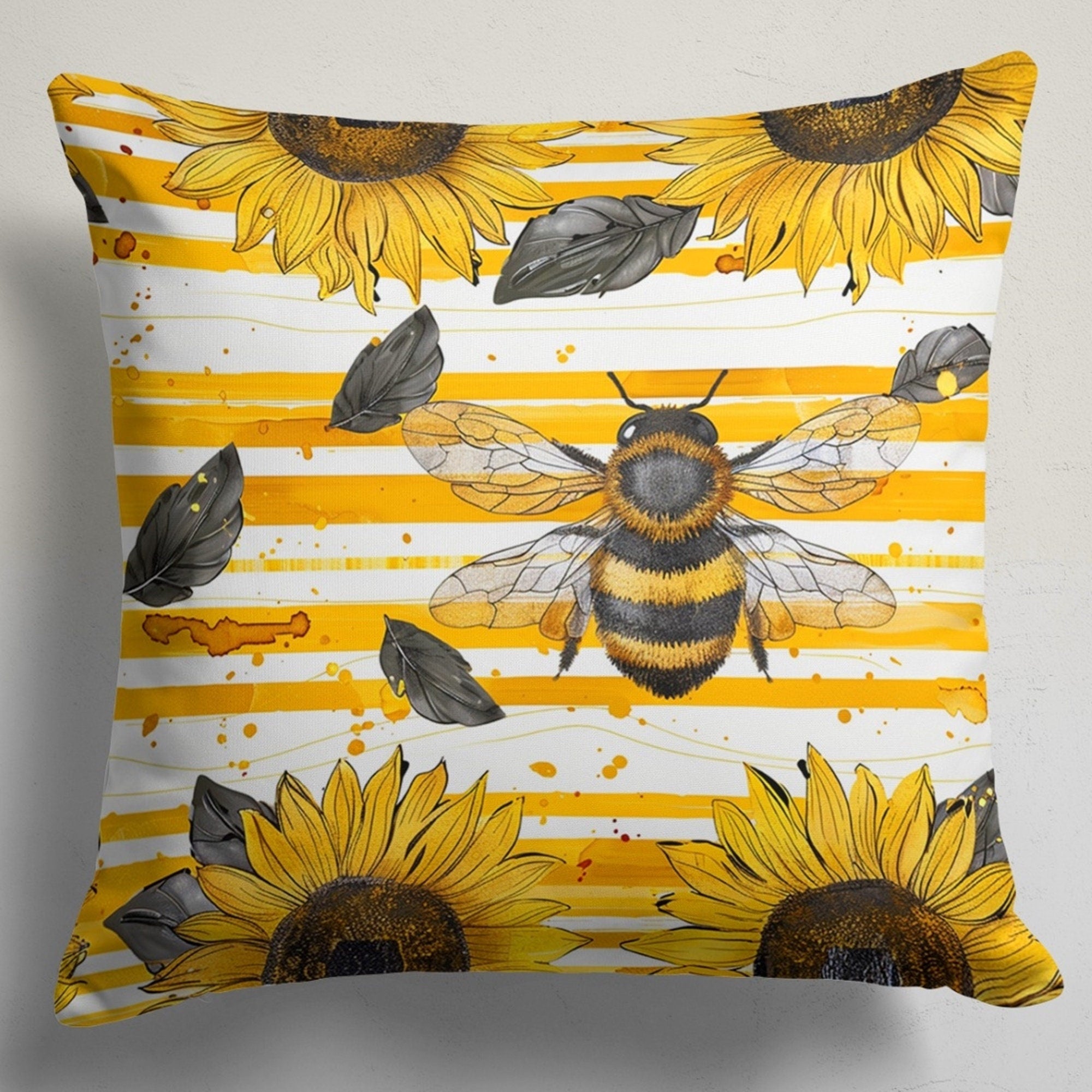 Sunflowers and Bee Pillow Cover, Bee Throw Pillow Cover, Summer Decor Pillow Cover, Sunflower Pillow Case, Sunflower Accent Cushion Cover