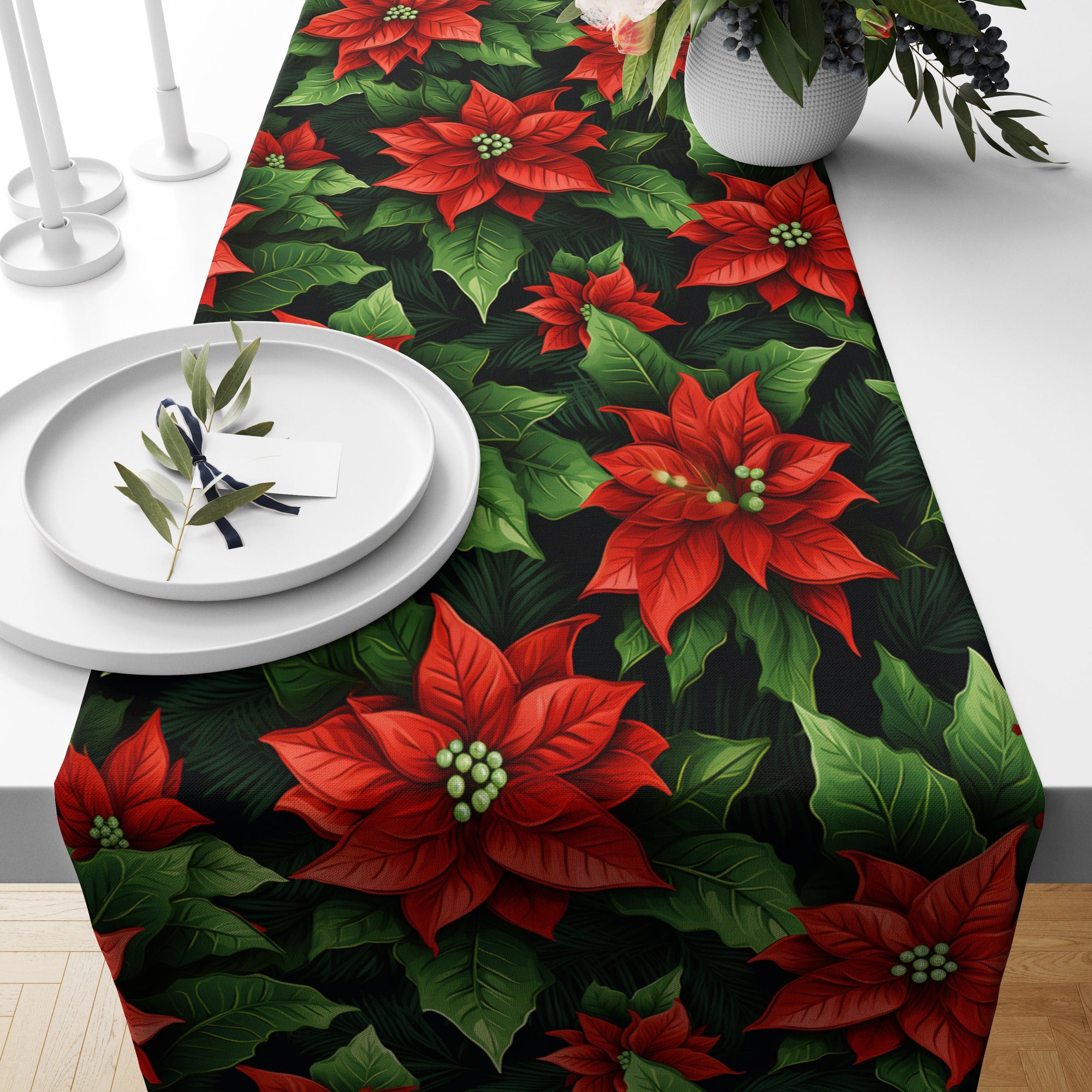 Christmas Table Runner, Poinsettia Table Runner, Holiday Party Table Decor, Xmas Table Runner, Christmas Party Table, Christmas Gift