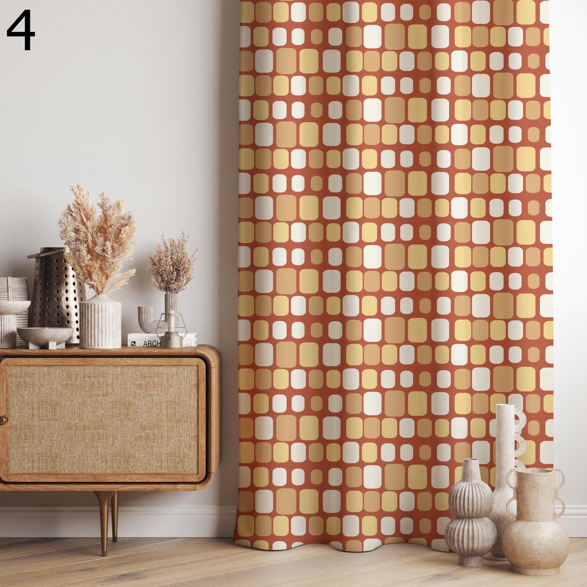 Retro Geometric Curtains, Mid Century Modern Drapes, Colorful Window Panels, Vintage Style Curtain,