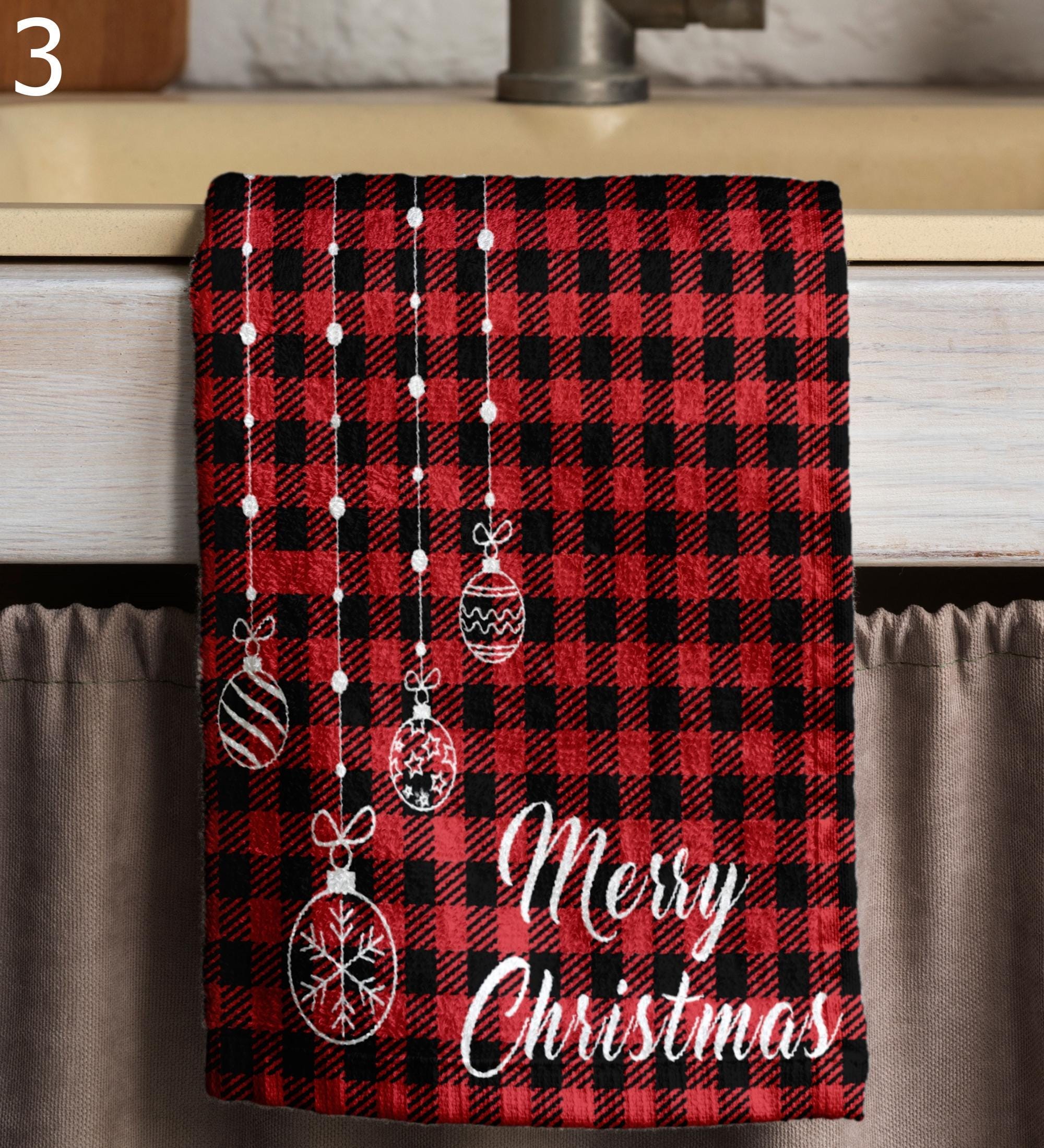 Christmas Plaid Towels, Xmas Winter Tea Towel, Buffalo Plaid Print Hand Towels, Christmas Tree Tea Towels, Red Xmas Plaid Kitchen Towels