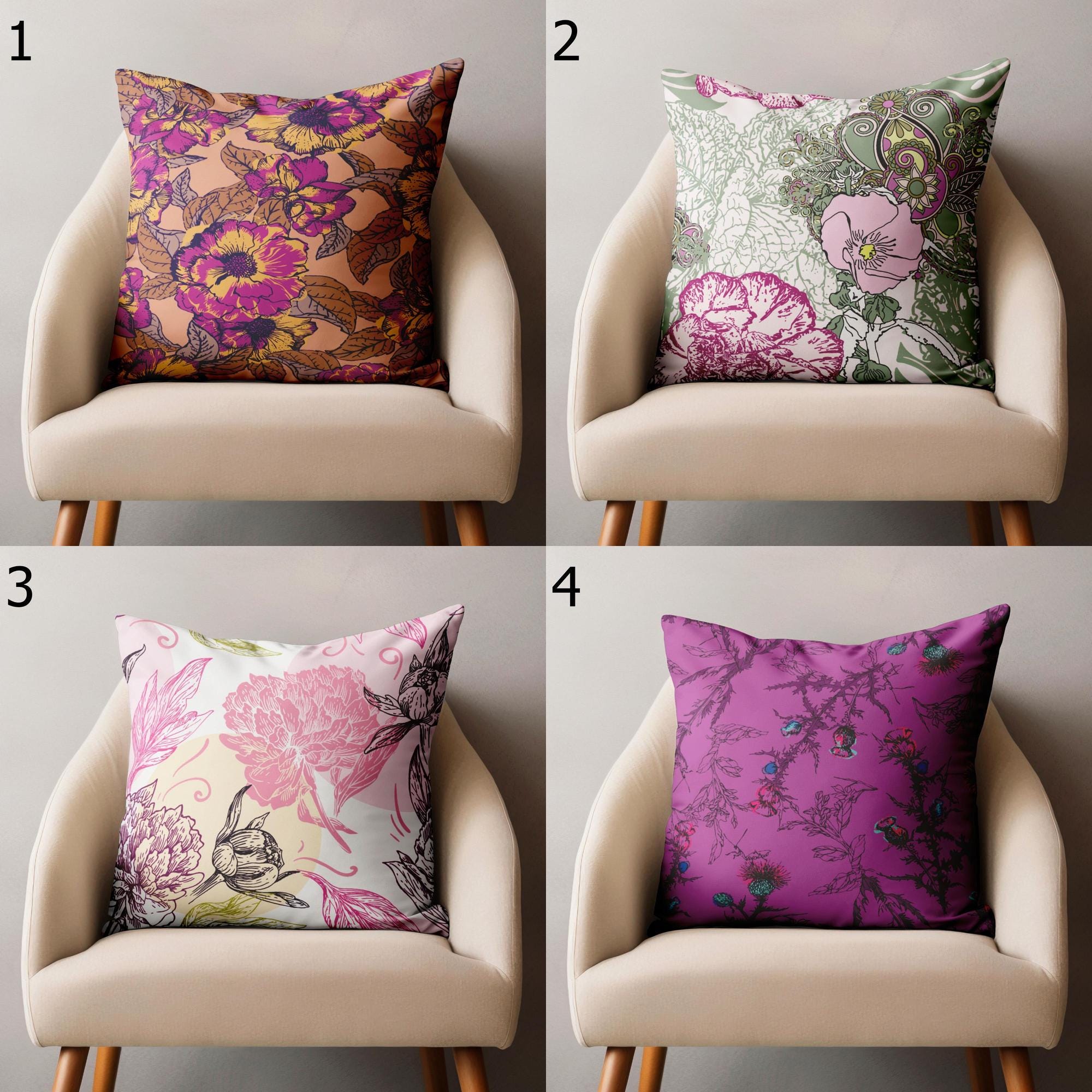 Purple Floral Pillowcase, Pink Flowers Pillow Case, Floral Pillow Covers, Farmhouse Purple Flowers Cushion Cover, Floral Home Decor