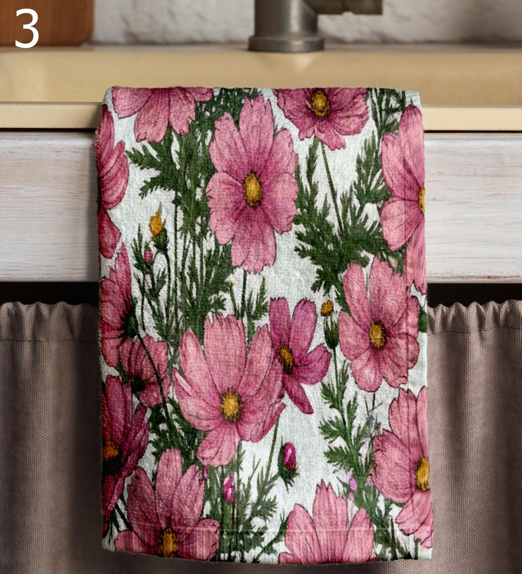 Floral Kitchen Towels, Botanical Dish Towel, Vintage Floral Style Tea Towels, Pink & Purple Flower Hand Towels