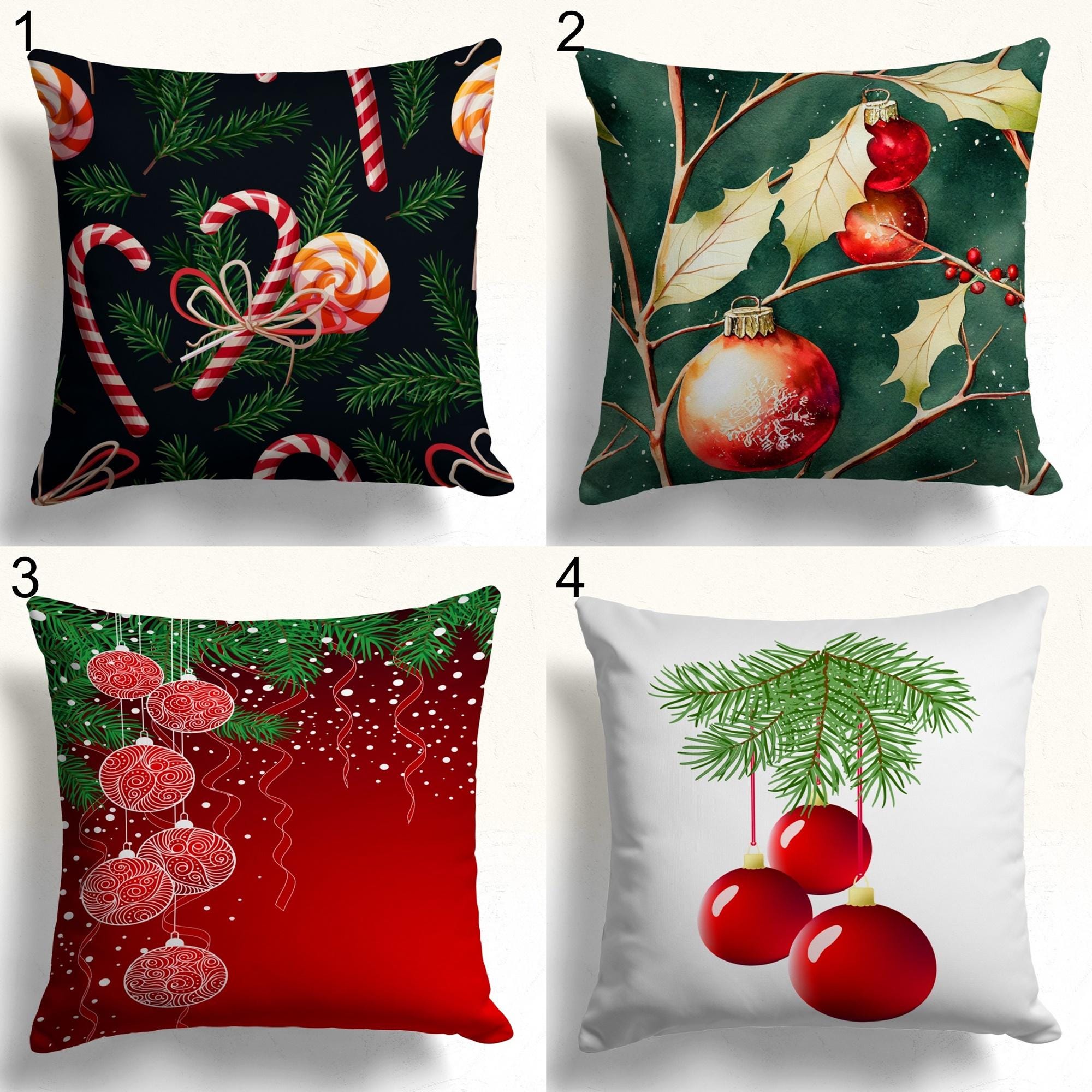 Xmas Ornaments Pillow Cover, Christmas Decor Pillow Covers, Winter Holly Pillowcase, Christmas Candy Bars Pillow Case, Xmas Berry Pillowcase