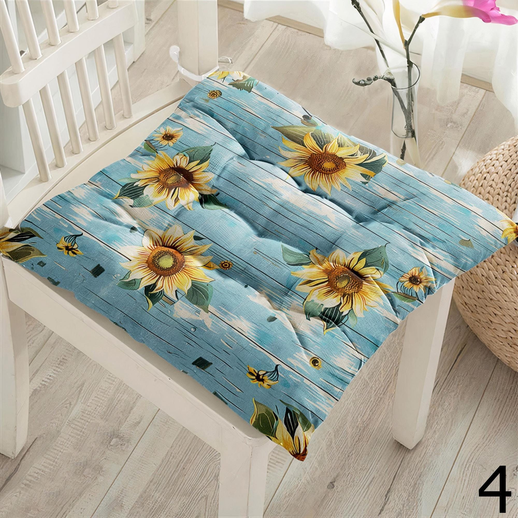 Sunflower Seat Pads, Floral Chair Cushions, Country Style Kitchen Chair Pillow, Rustic Flower Chair Pads, Indoor Outdoor Sunflower Cushions