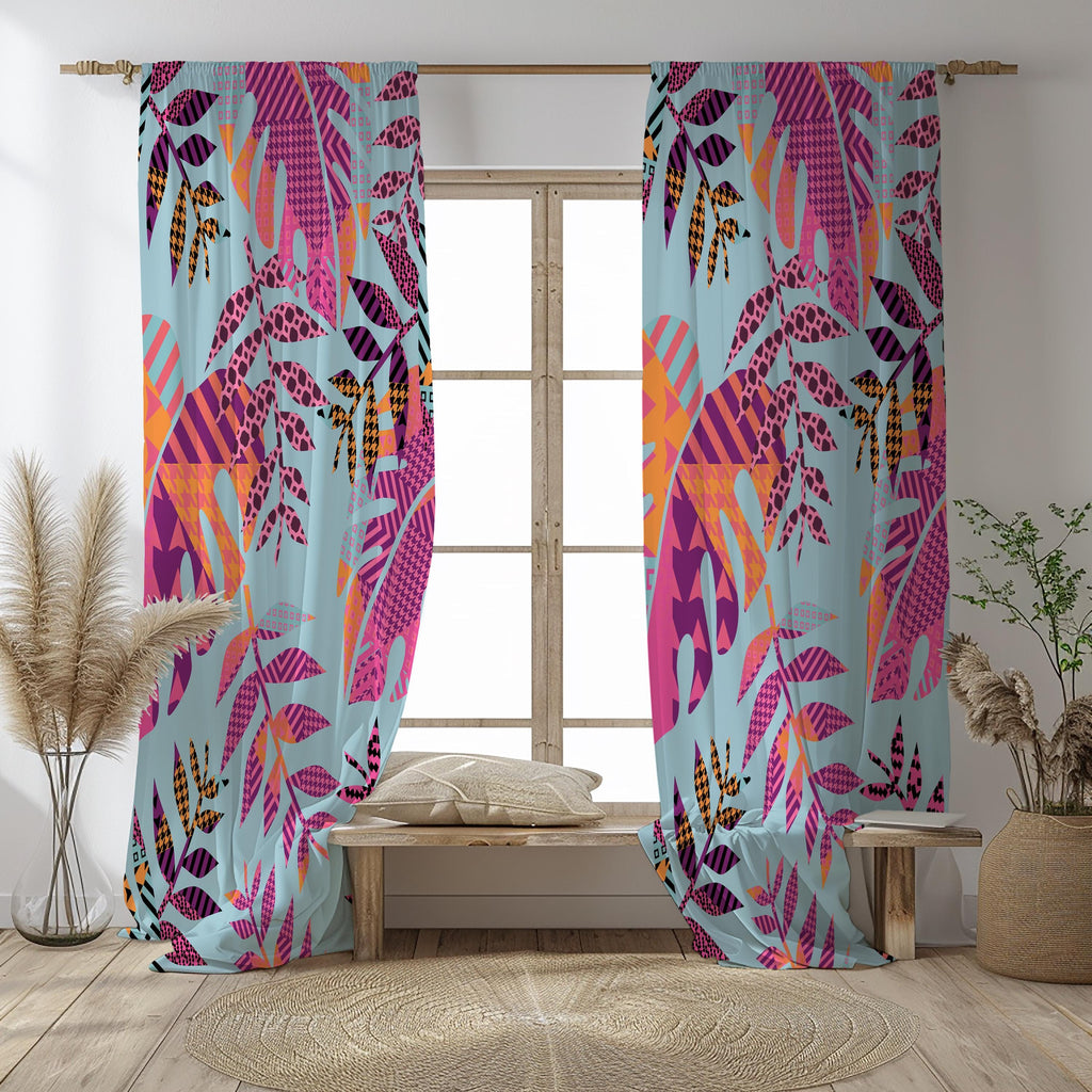 Colorful Tropical Leaf Curtains, Exotic Pink Leaves Window Curtains, Tropical Abstract Drapes, Palm Leaves Panels, Botanical Leaf Curtains