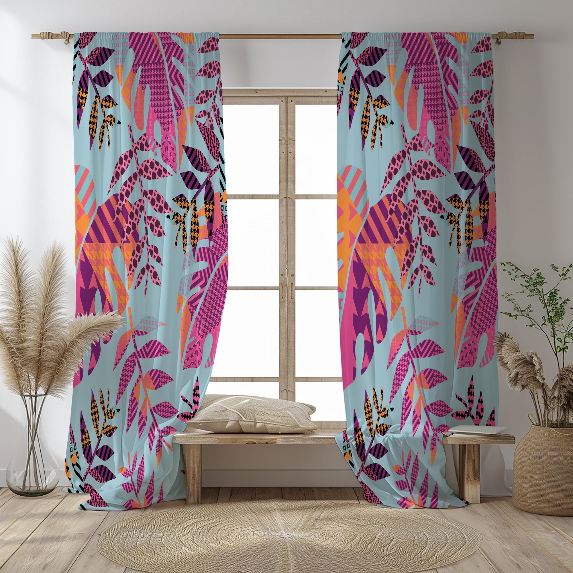 Colorful Tropical Leaf Curtains, Exotic Pink Leaves Window Curtains, Tropical Abstract Drapes, Palm Leaves Panels, Botanical Leaf Curtains