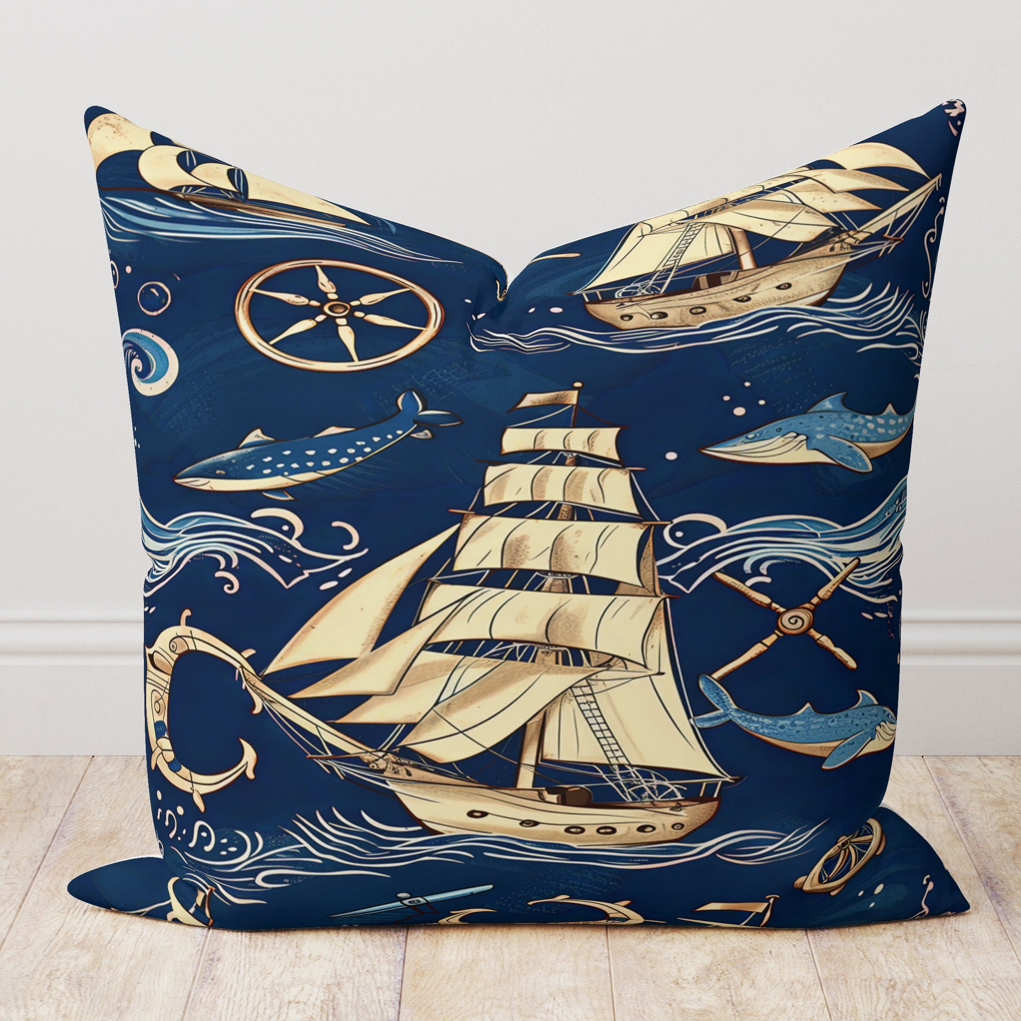 Nautical Pillow Covers, Vintage Sailor Cushion Cover, Sailing Ships Throw Pillow Covers, Marine Pillow Covers, Beach House Pillowcases
