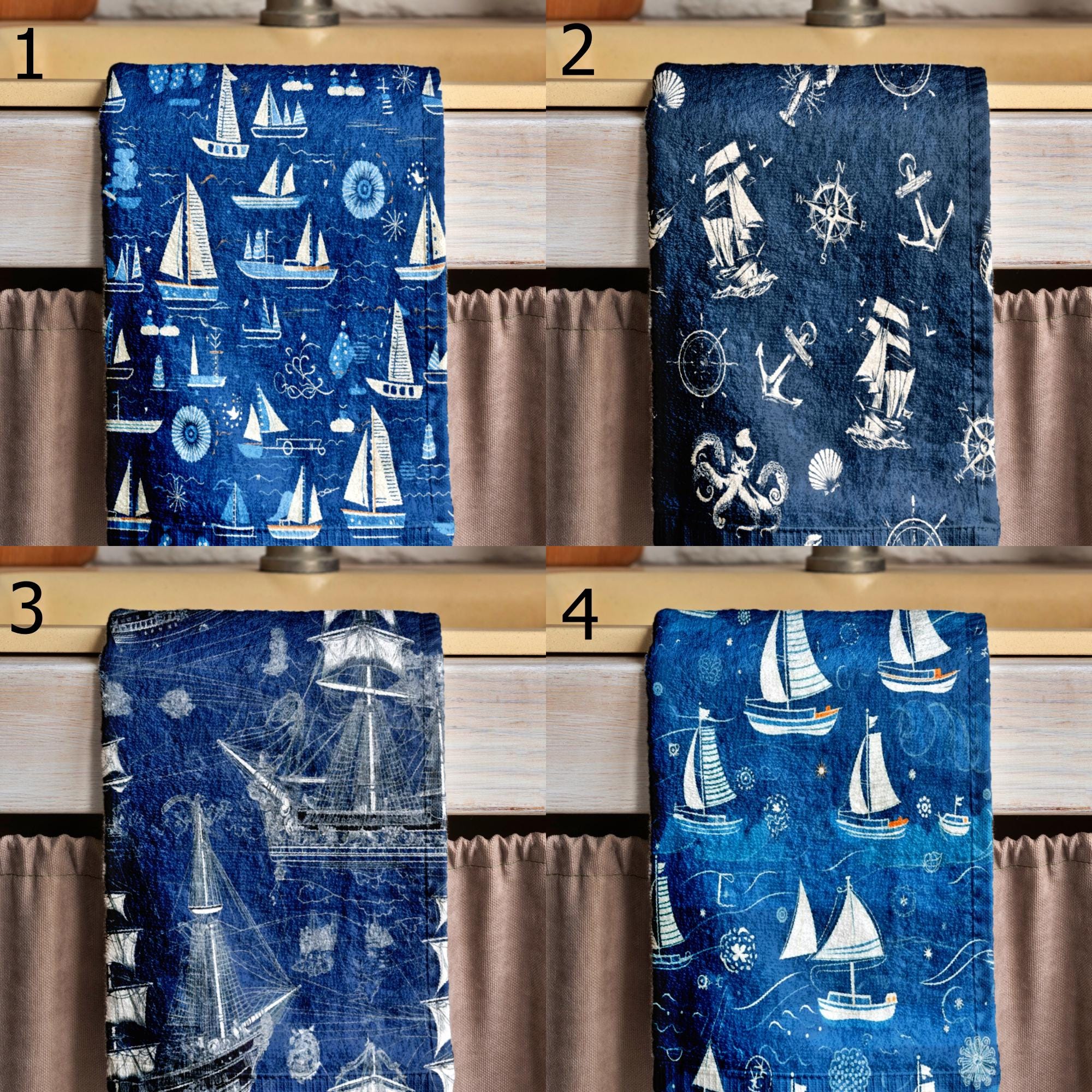 Marine Tea Towels, Vintage Sailing Ship Dish Towels, Nautical Kitchen Gifts, Navy Nautical Hand Towels, Marine Kitchen Fingertip Towels