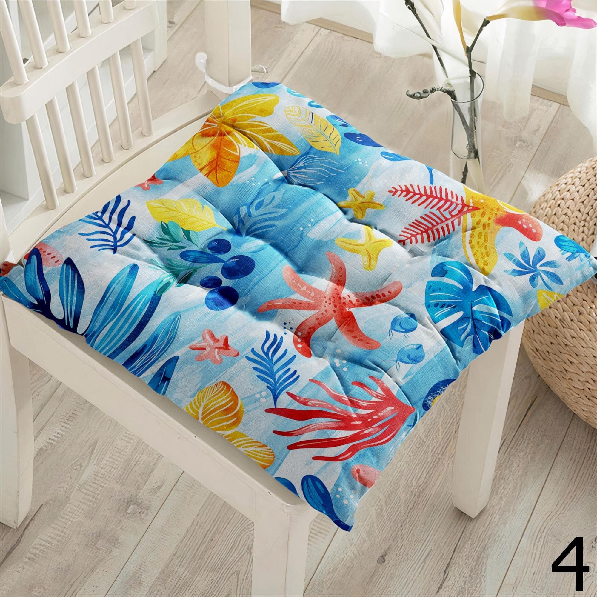 Coastal Sea Life Chair Pads, Nautical Ocean Seat Cushions, Starfish Coral Design Summer Patio Cushions, Beach Home Chair Cushions