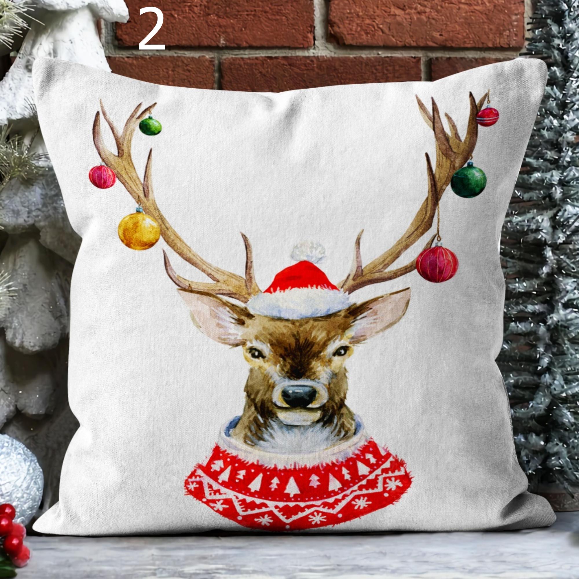 Merry Christmas Cushion Cover, Christmas Cute Deer Throw Pillow Cover, Xmas Reindeer Pillowcase, Winter Holiday Deer Pillow Covers
