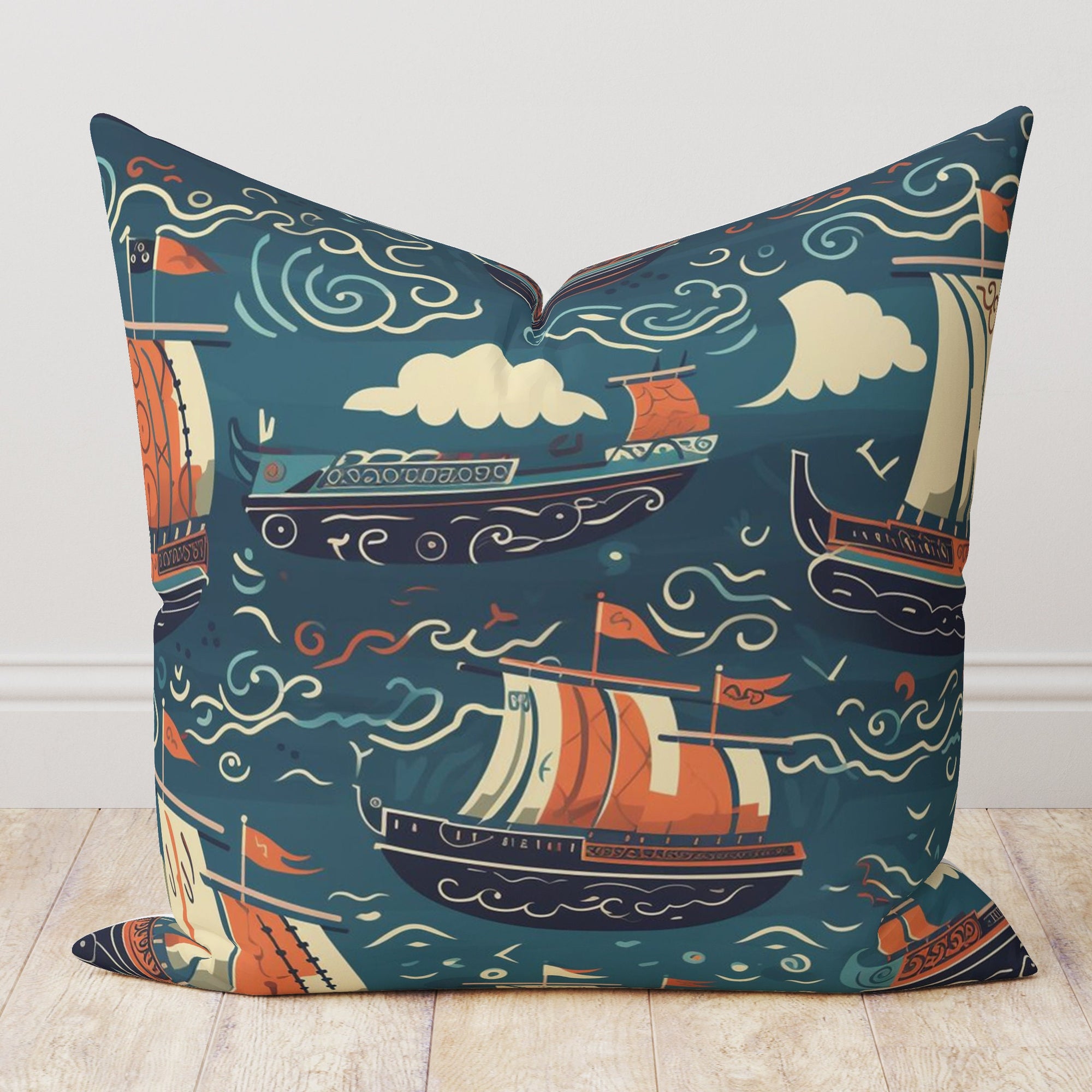 Nautical Pillow Covers, Vintage Sailor Cushion Cover, Sailing Ships Throw Pillow Covers, Marine Pillow Covers, Beach House Pillowcases
