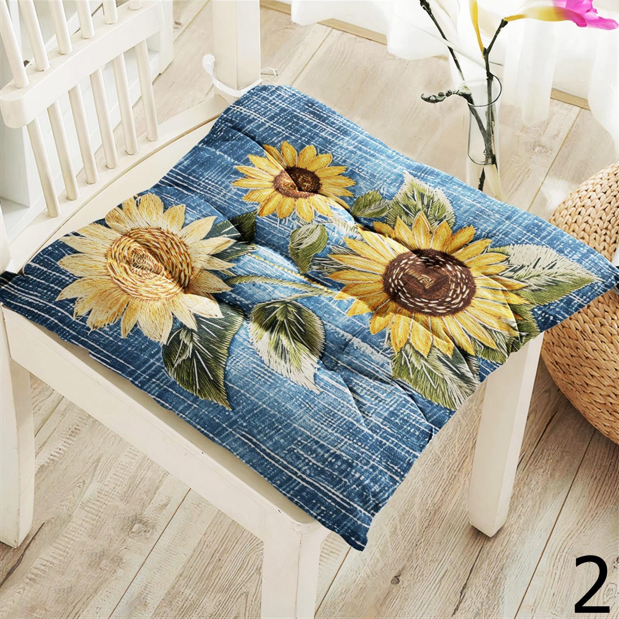 Sunflower Seat Pads, Floral Chair Cushions, Country Style Kitchen Chair Pillow, Rustic Flower Chair Pads, Indoor Outdoor Sunflower Cushions