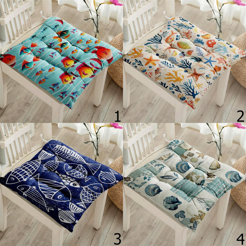 Starfish Coral Design Summer Patio Cushions, Nautical Ocean Seat Cushions, Coastal Sea Life Chair Pads, Beach Home Chair Cushions