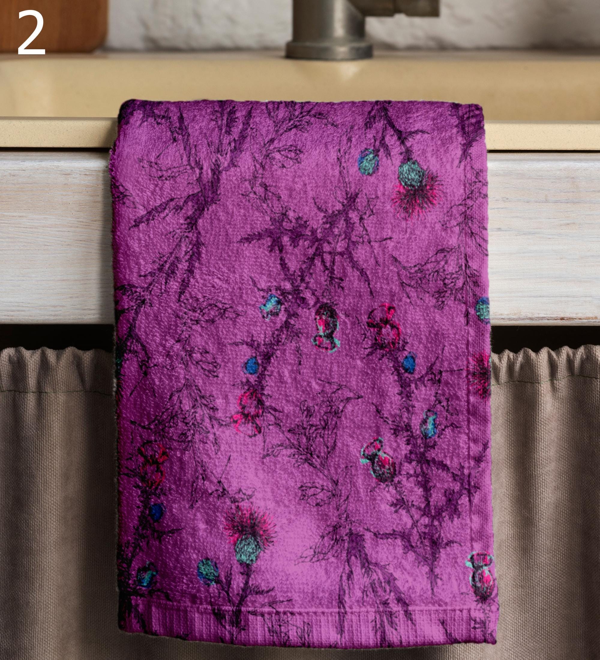 Floral Kitchen Towels, Botanical Dish Towel, Vintage Floral Style Tea Towels, Pink & Purple Flower Hand Towels