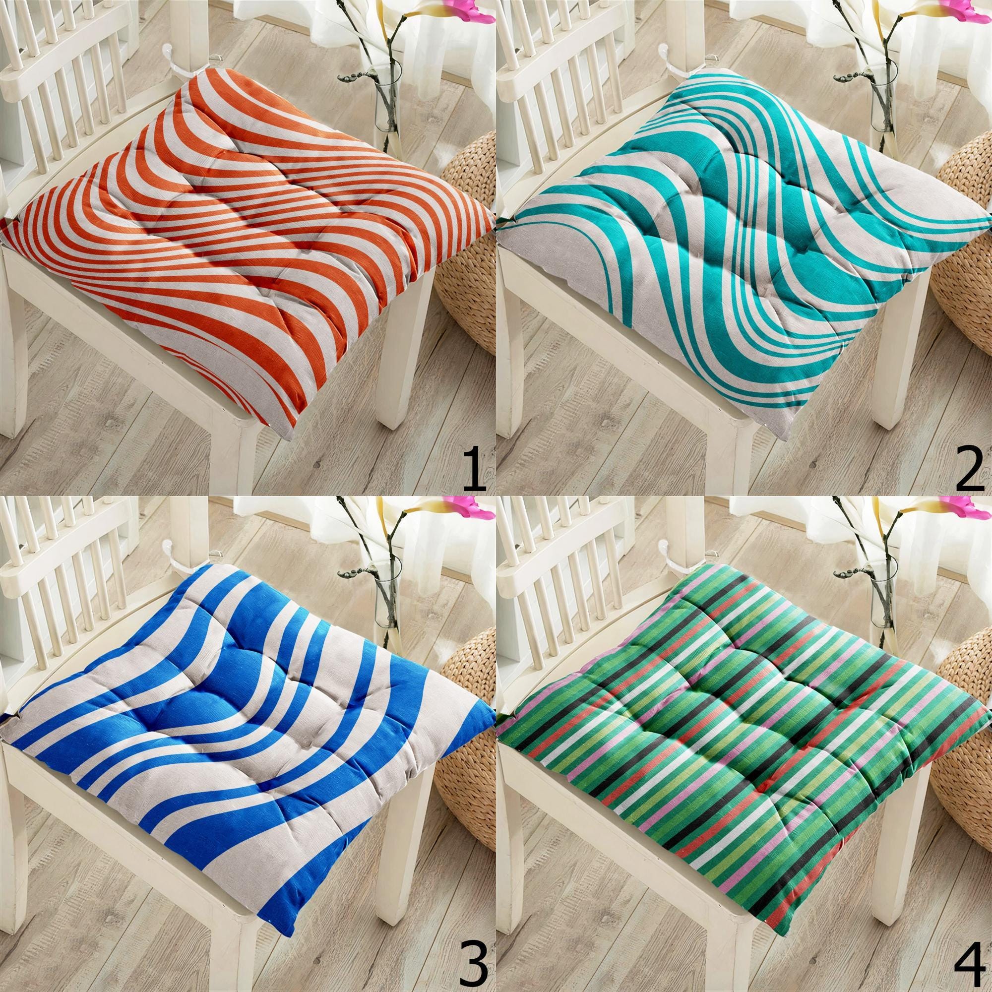 Striped Chair Pad Cushions, Wave Pattern Kitchen Cushion, Modern Seat Cushion, Colorful Striped Chair Pillows, Patio Chair Pad