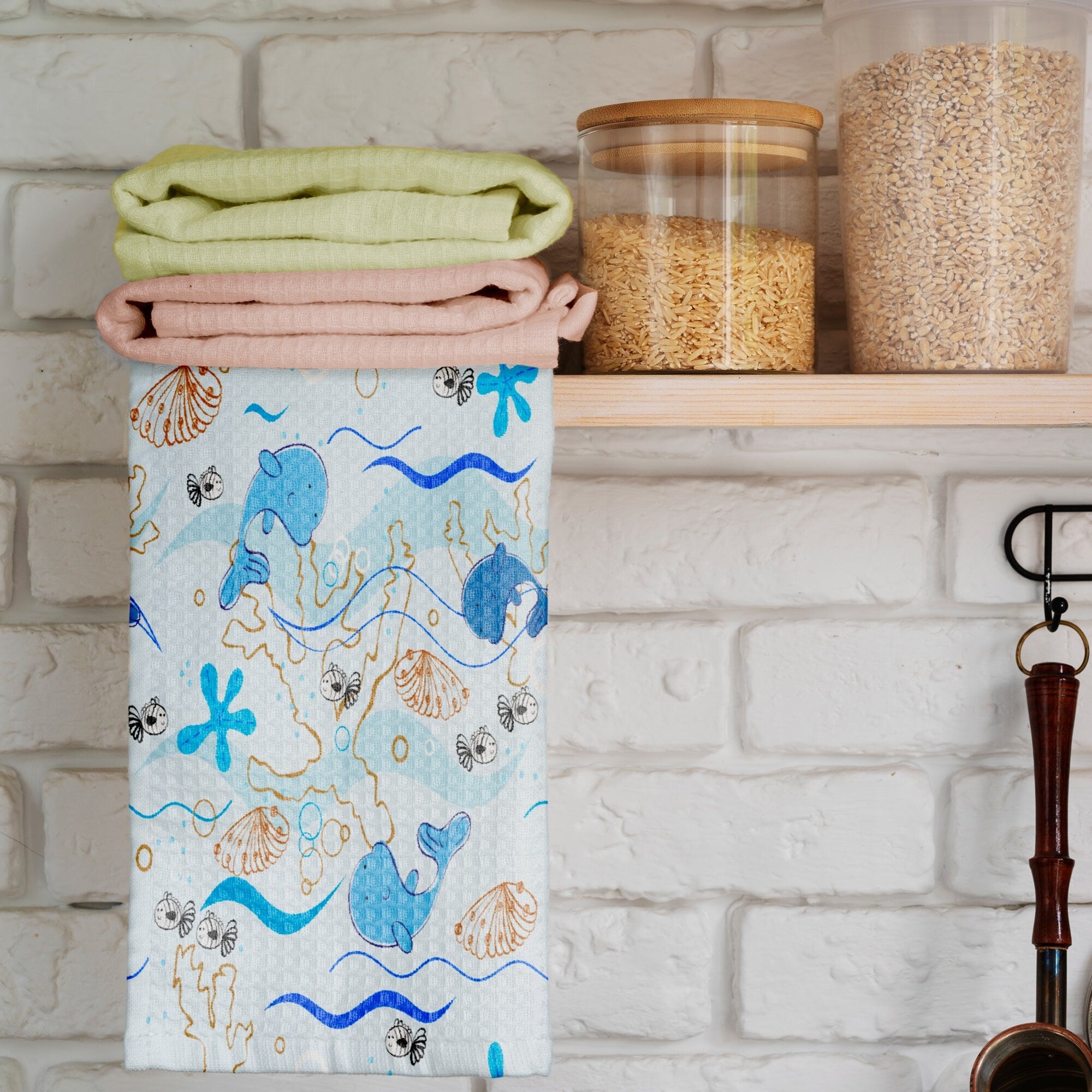 Nautical Tea Towels, Crab Patterned Kitchen Towel, Marine Dish Towels, Sailor Printed Hand Towel, Sea Life Kitchen Towels, Ocean Tea Towels