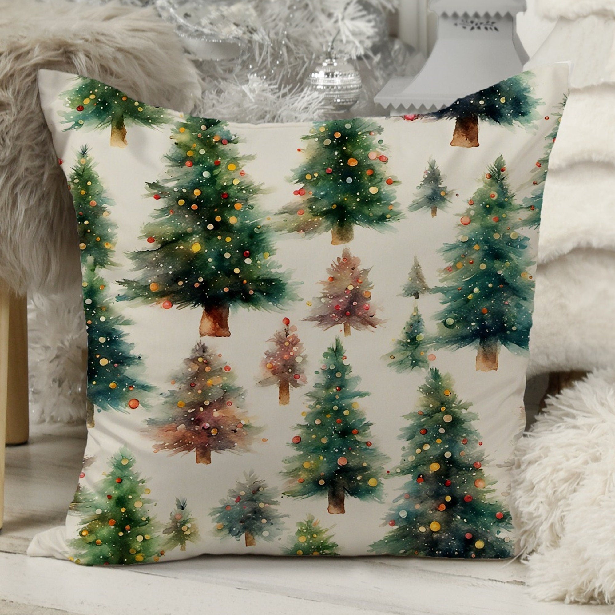 Christmas Green Pine Trees Pillow Covers, Xmas Pine Throw Pillow Cover, Winter Holly Trees Cushion Covers, Christmas Home Decor Pillow