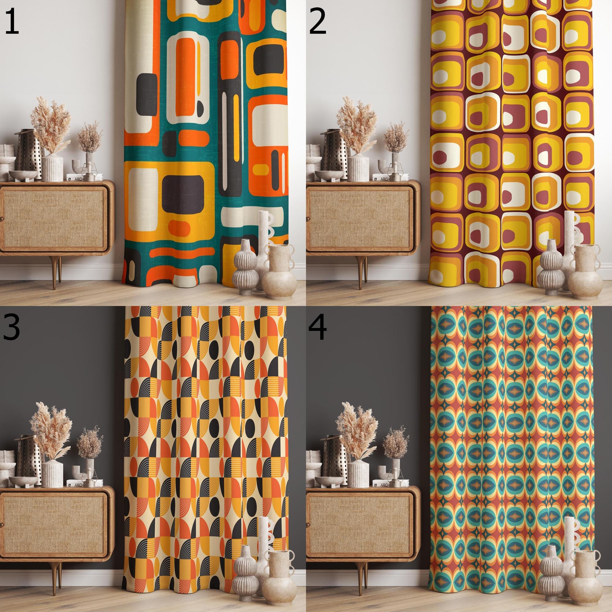 Mid Century Modern Curtain Panels, Retro Curtains, Mcm Curtain, Abstract Retro Style Living Room Curtain, Modern Curtains