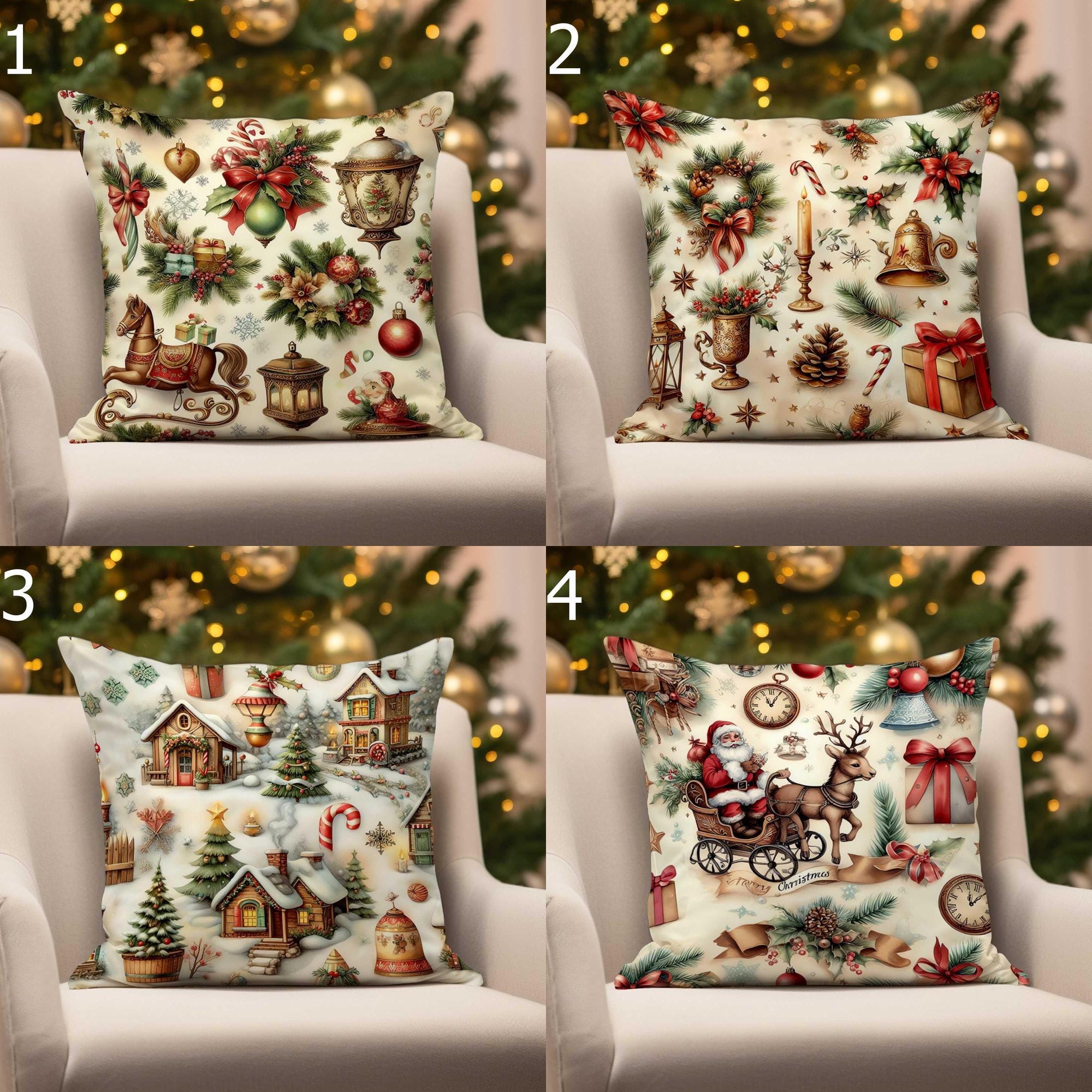 Christmas Deer and Santa Claus Decor Cushion Cover, Christmas Candy Stick Pillowcase,  Xmas Ornaments Cushion Cover, Xmas Throw Pillow Cover