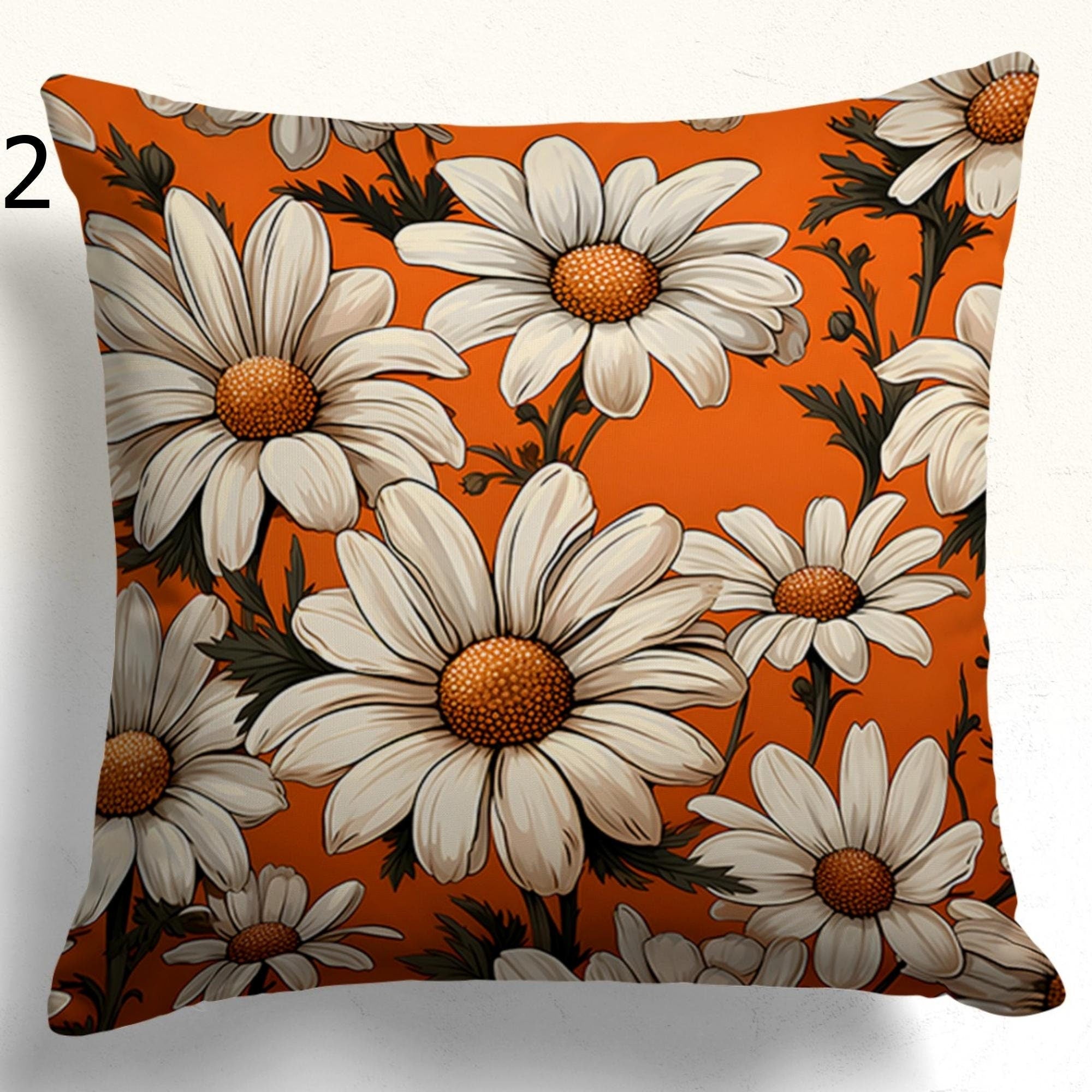 Orange and White Floral Pillow Cases, Daisy Flowers Pillow Covers, Vibrant Daisy Cushion Covers, Daisy Bunch Pillow Cover