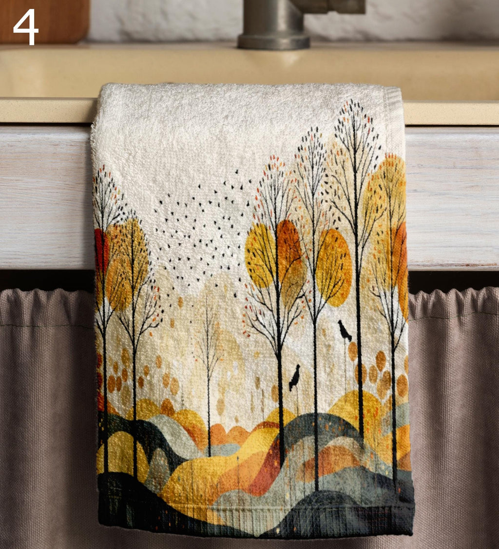 Fall Tea Towels, Autumn Landscape Tea Towels, Autumn Printed Dish Towels, Fall Abstract Dish Towel, Fall Landscape Kitchen Towels