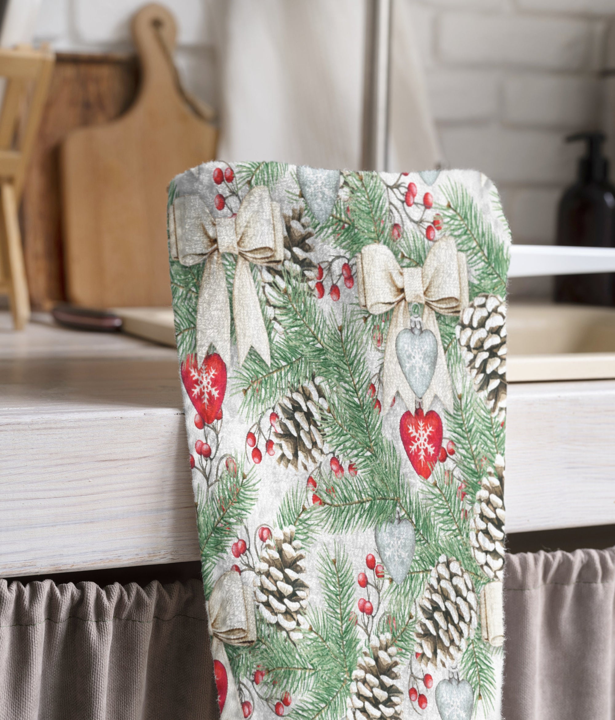 Christmas Tea Towels, Xmas Dish Towel, Christmas Santa Claus Tea Towel, Holly Pine Trees Hand Towel, Christmas Kitchen Towel
