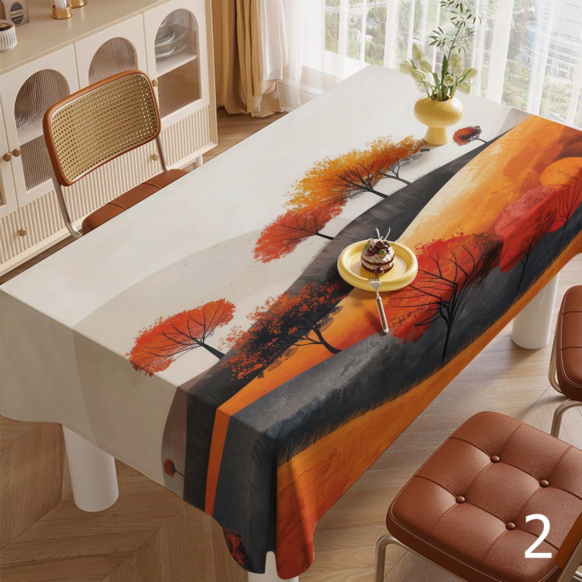 Fall Landscape Tablecloth, Multicolor Autumn Landscape Tablecloth, Thanksgiving Printed Tablecloth, Fall Abstract Leaf Table Covers
