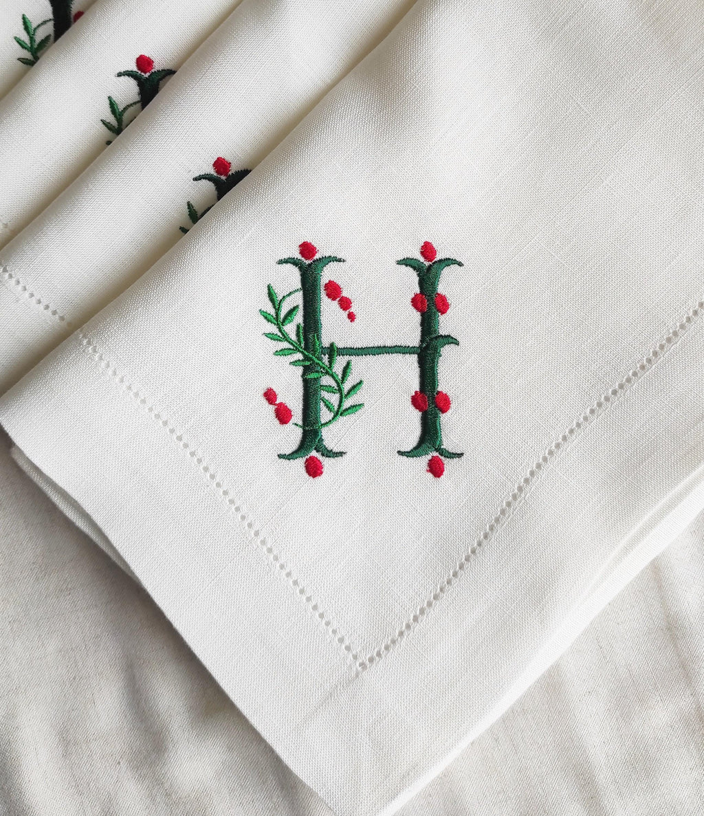 Personalized Christmas Napkins, Holly Misletoe Linen Napkins, Xmas Linen Napkins, Holly Monogrammed Linen Napkins