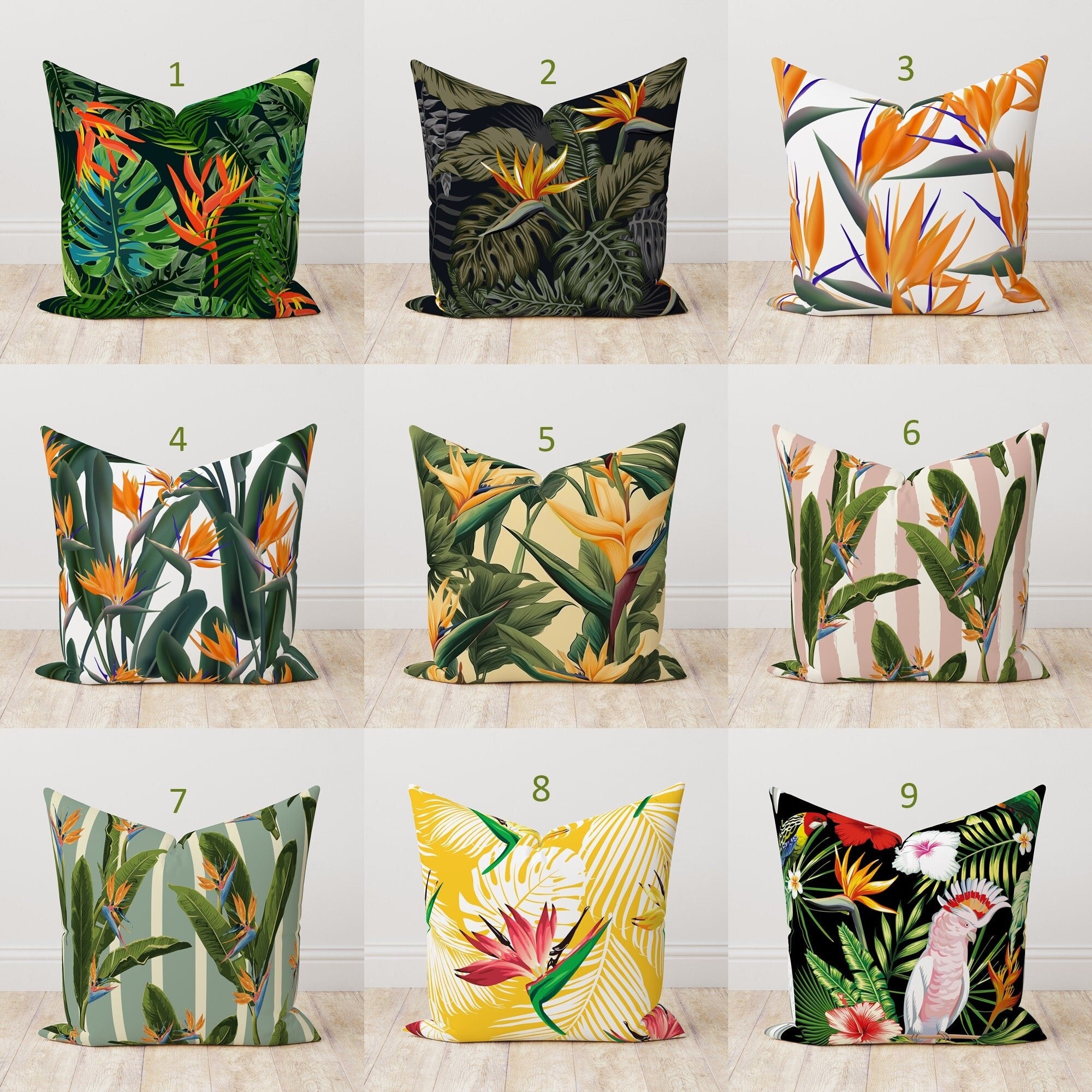 Tropical Flowers Pillow Covers, Bird of Paradise Pillow Covers, Exotic Floral Pillow Case, Bird of Paradise Cushion Cover, Floral Pillowcase