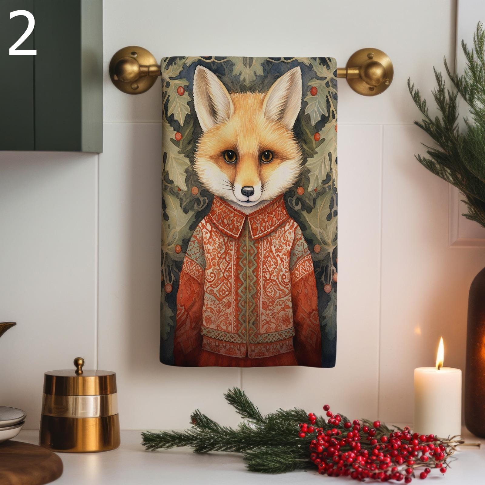 Christmas Fox Tea Towel, Xmas Dog Tea Towels, Cute Fox Dish Towels, Christmas Dog Dish Towel, Xmas Animals Tea Towel, Winter Animals Towels