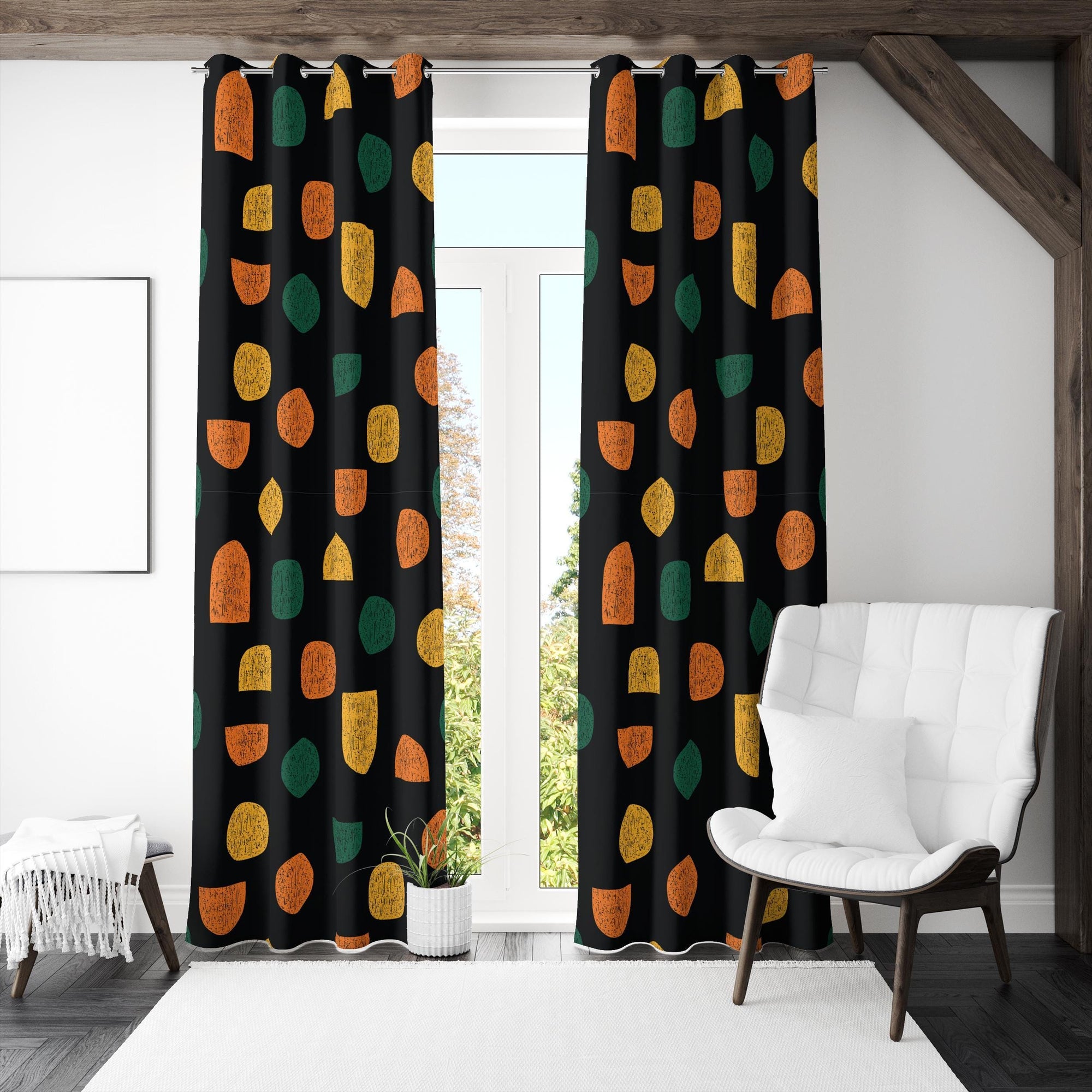 Retro Curtains, 70s Retro Curtains, Retro Black Orange Curtains, Mid Century Window Curtains, MCM Grommet Curtain, Mid Century Print Drapes