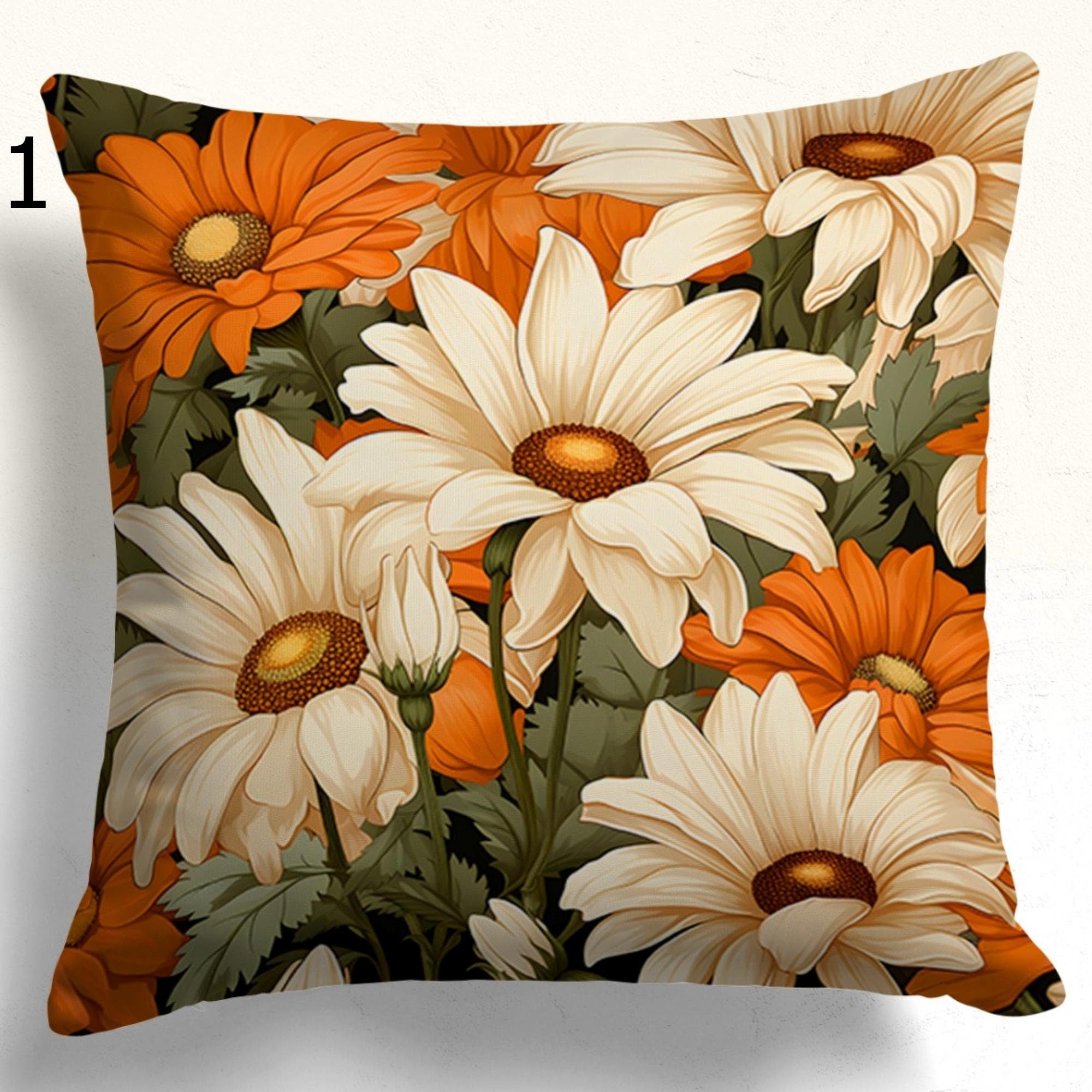 Orange and White Floral Pillow Cases, Daisy Flowers Pillow Covers, Vibrant Daisy Cushion Covers, Daisy Bunch Pillow Cover