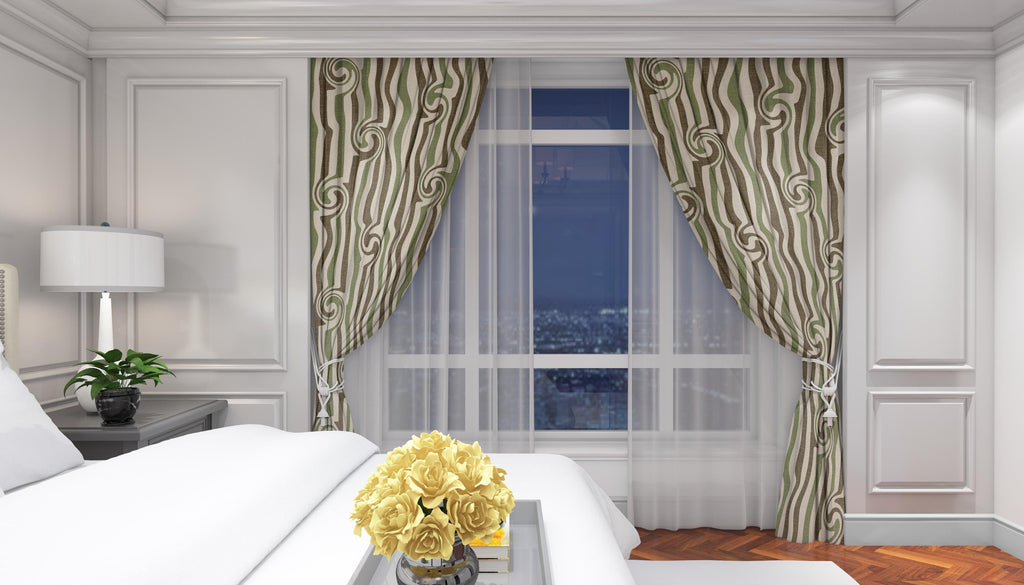 Wavy Retro Curtain Panel, Olive Green Boho Drapes, Modern Abstract Window Panels, Earthy Mid Century Style Curtain