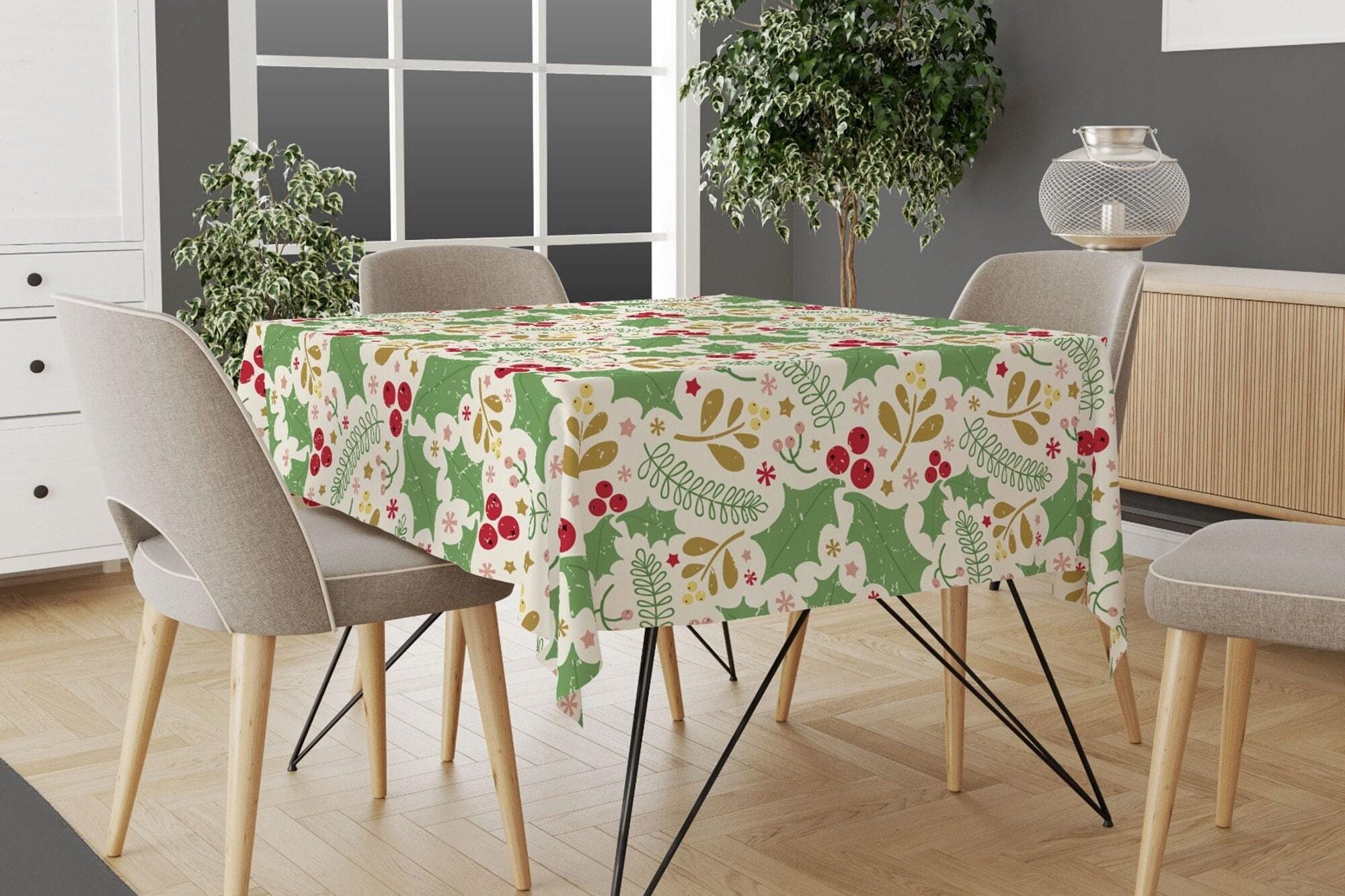 Christmas Tablecloth, Holly Red Berry Tablecloth, Xmas Kitchen Decor, Christmas Green Tablecloth, Christmas Dinner, Holly Berry Tablecloth