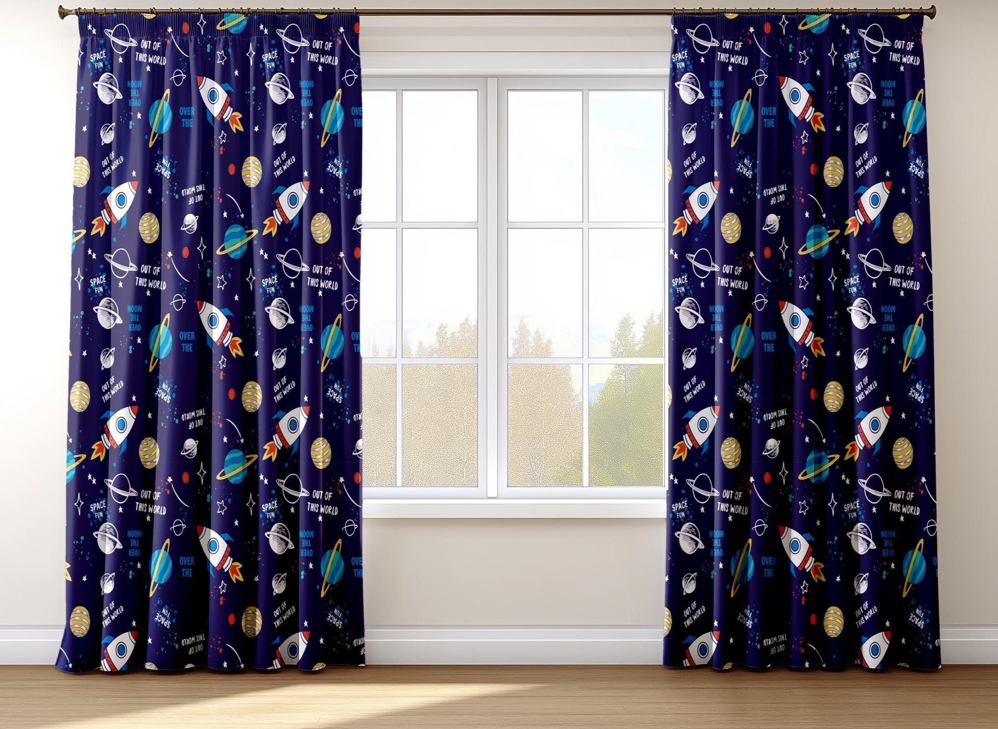 Kids Space Theme Curtains, Rocket Planet Window Panel, Outer Space Room Drapes, Galaxy Print Curtain Kids Room, Space Galaxy Curtain Panels