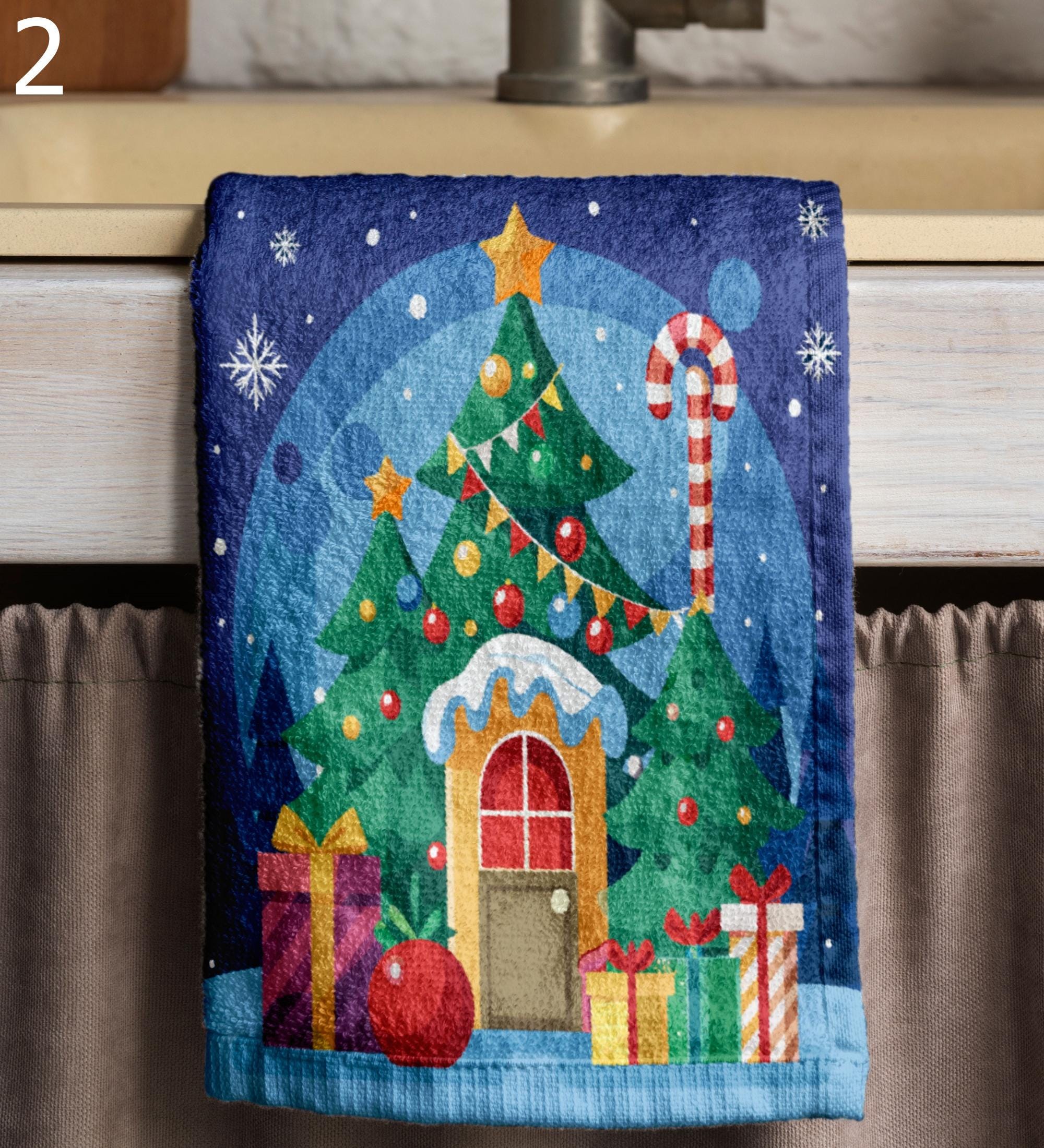 Mery Christmas Tea Towel, Xmas Pine Tree Tea Towel, Christmas Cane Kitchen Towel, Xmas Kitchen Decor Hand Towel, Christmas House Tea Towels
