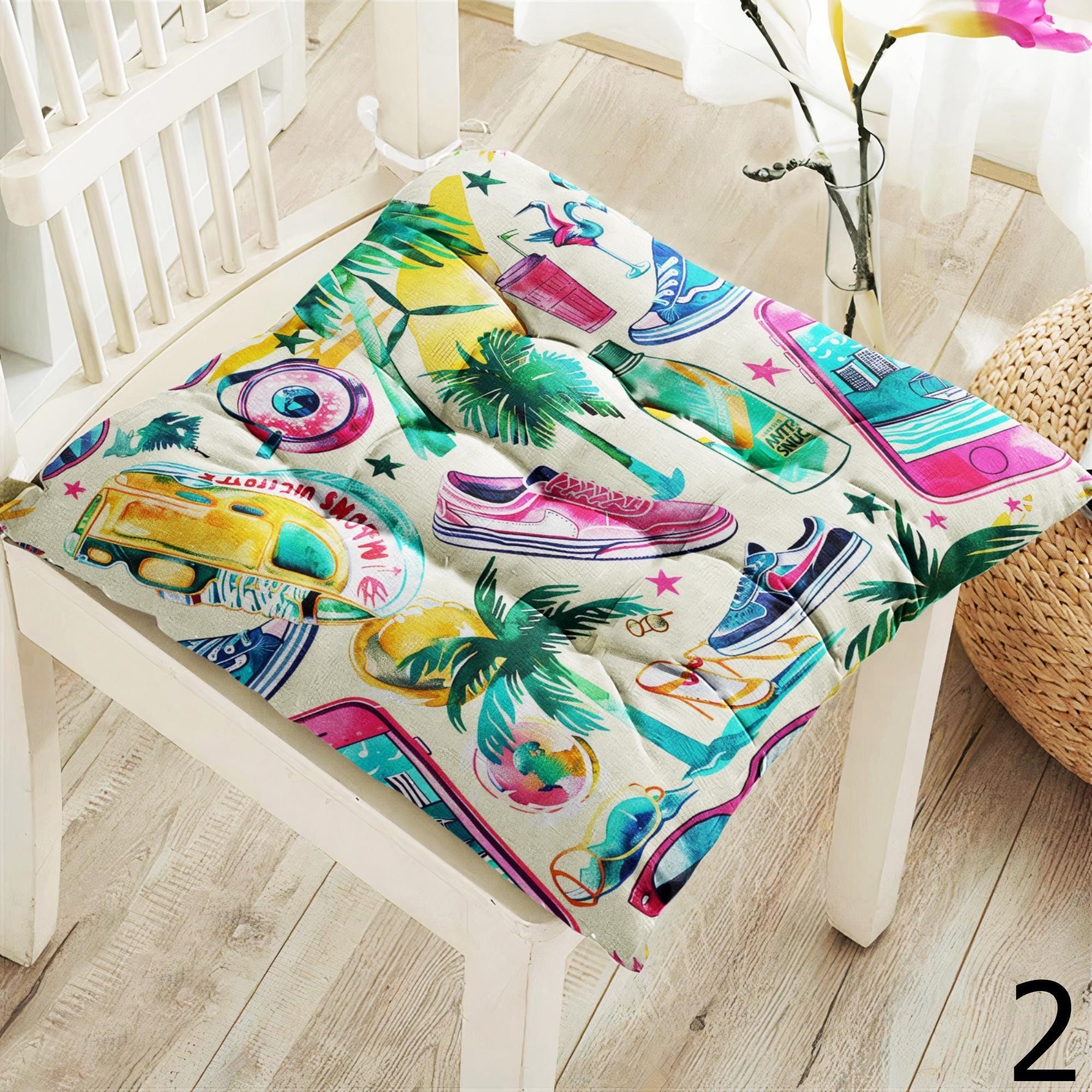 Summer Fun Chair Pad Covers, Tropical Travel Seat Cushions, Colorful Vacation Decor Chair Pillows, Boho Holiday Vibes Chair Cushions
