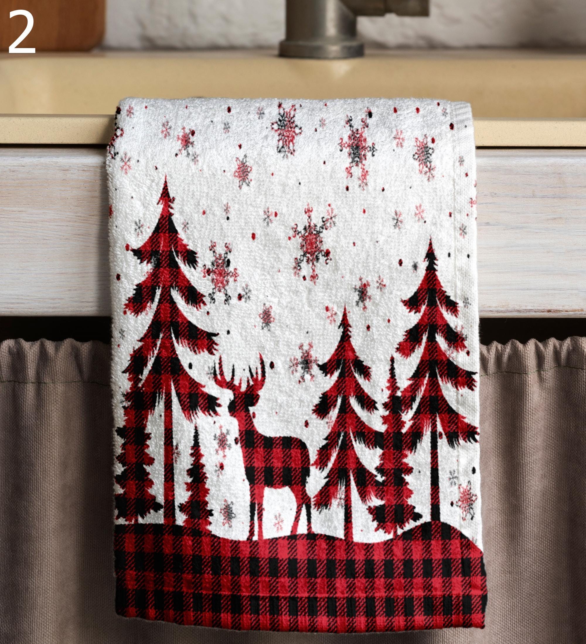 Christmas Plaid Towels, Xmas Winter Tea Towel, Buffalo Plaid Print Hand Towels, Christmas Tree Tea Towels, Red Xmas Plaid Kitchen Towels