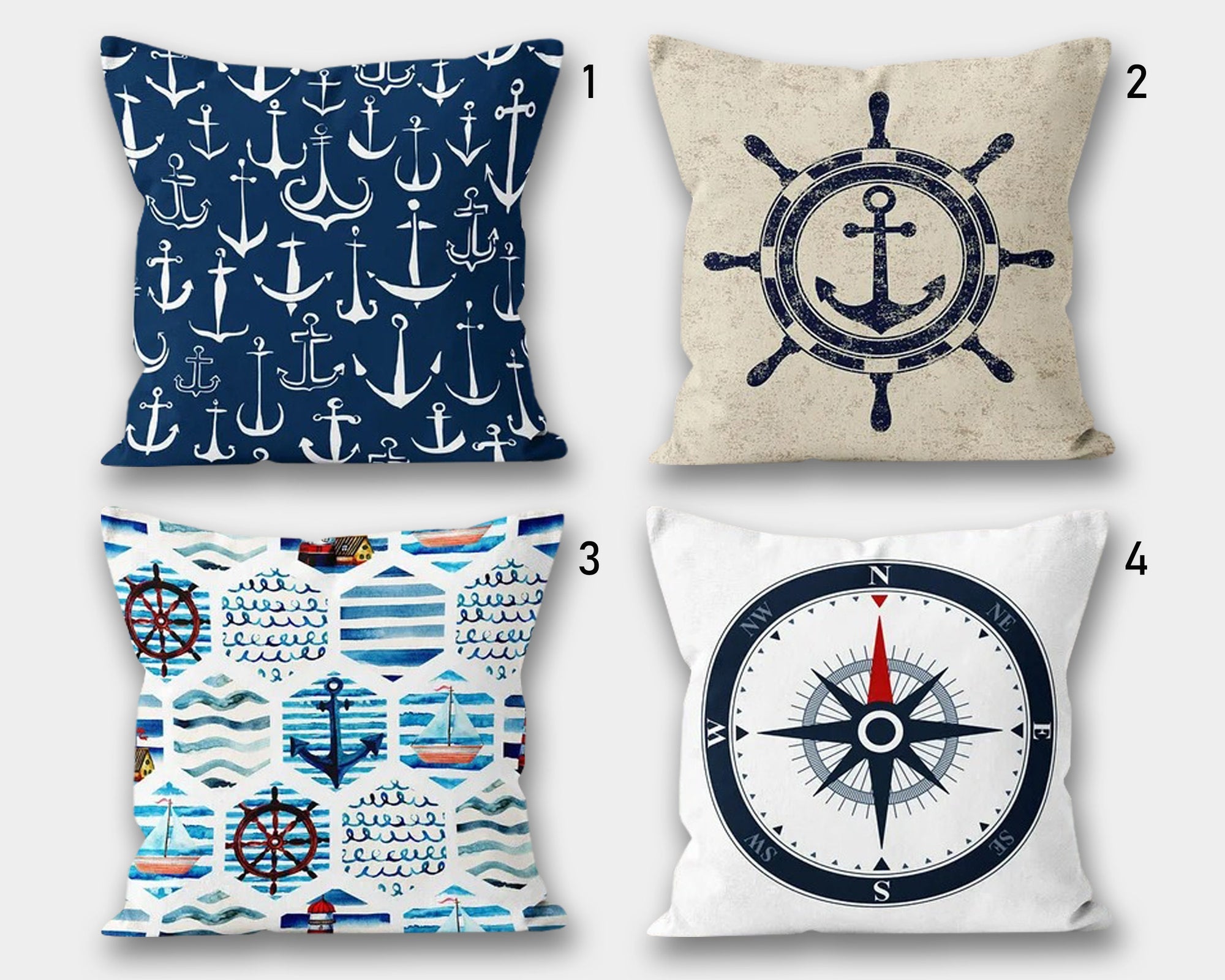Navy Anchor Pillow Case, Anchor Pillow, Compass Nautical Pillow, Yacht Decor Cushion Cover, Nautical Cushion, Marin Pillow, Beach Pillow
