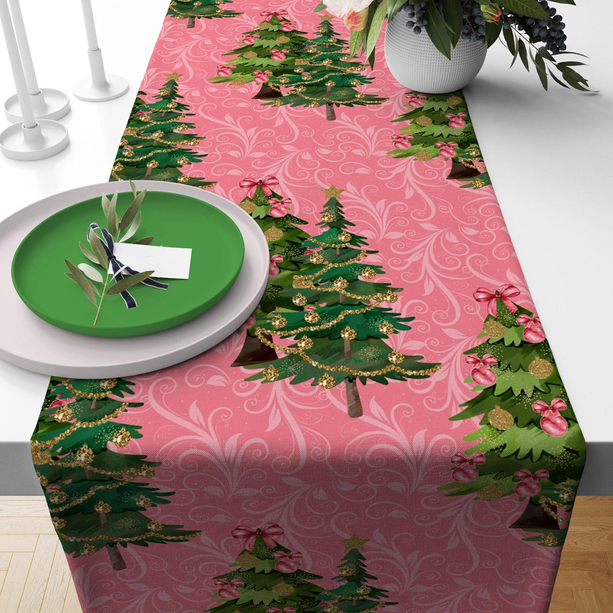 Christmas Table Runner, Holly Pine Tree Table Runner, Xmas Table Runner, Christmas Party Table Runner, Christmas Gift, Christmas Table