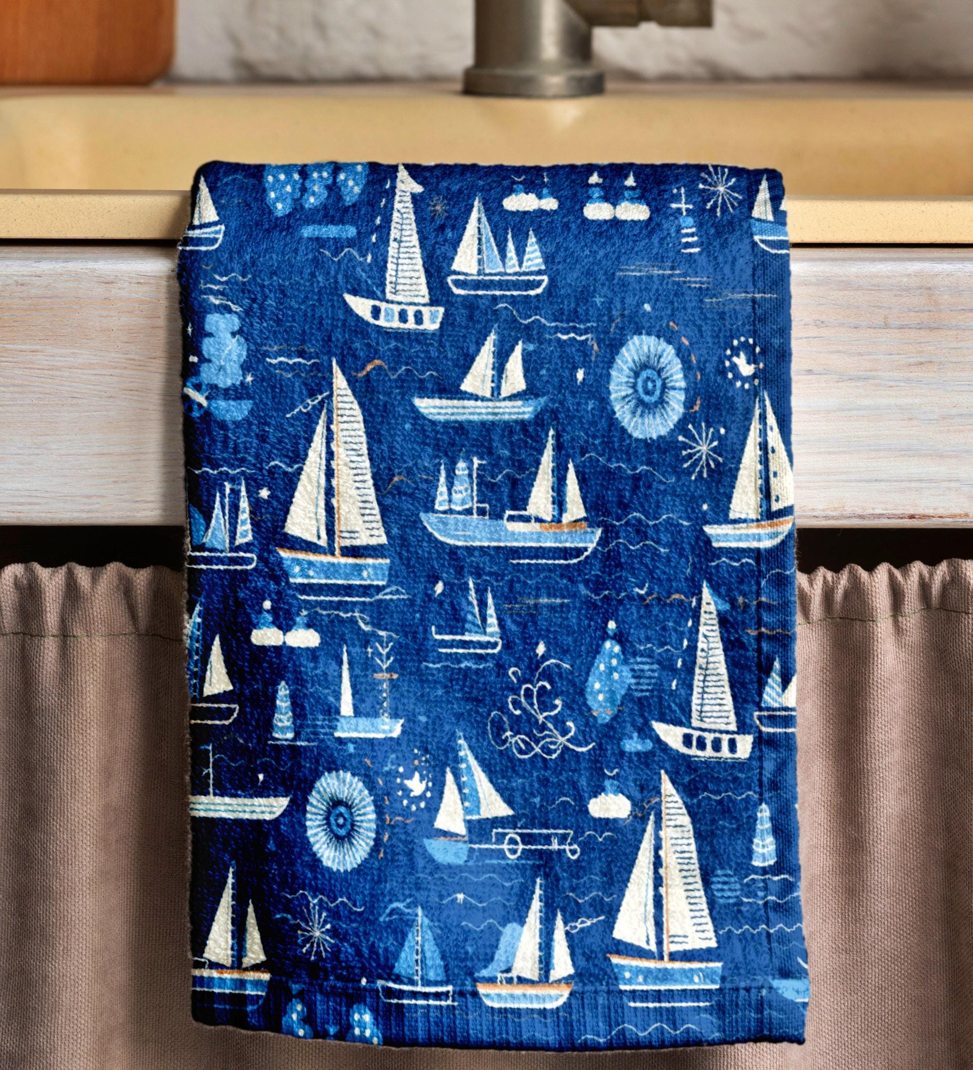 Marine Tea Towels, Vintage Sailing Ship Dish Towels, Nautical Kitchen Gifts, Navy Nautical Hand Towels, Marine Kitchen Fingertip Towels