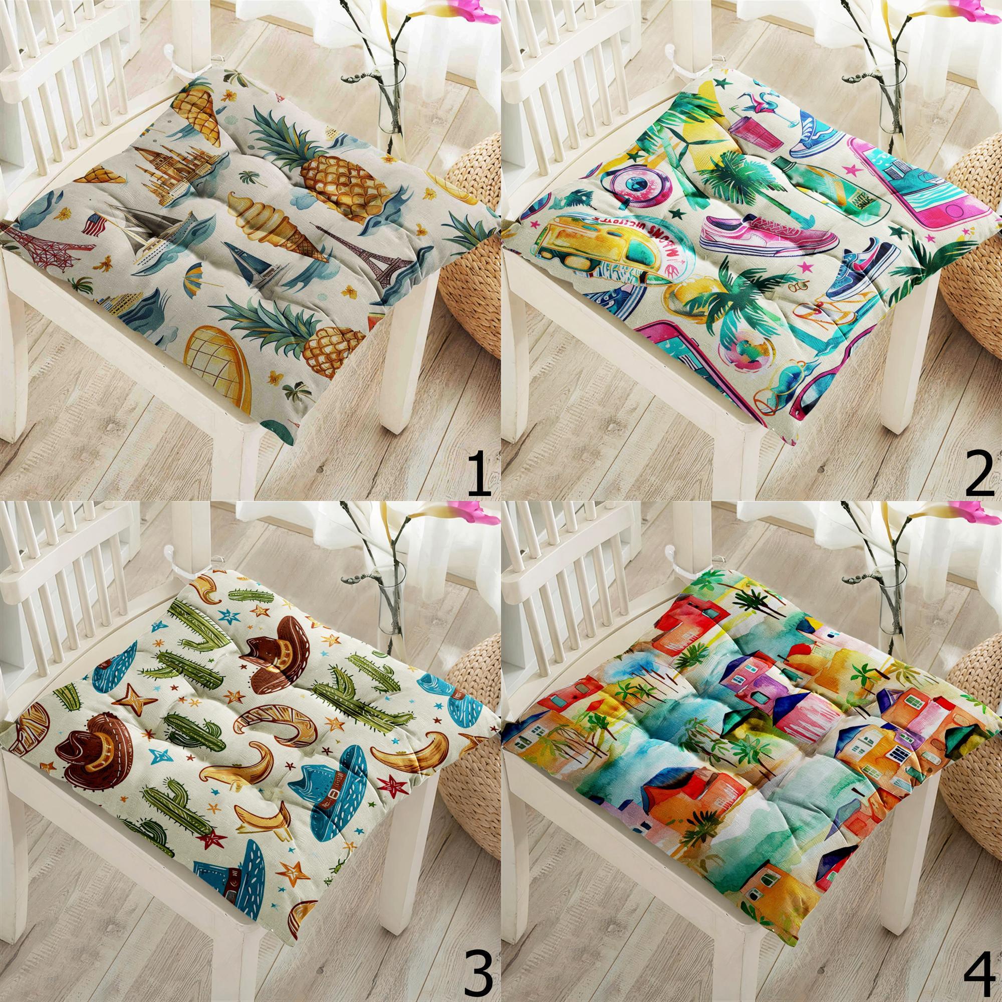 Summer Fun Chair Pad Covers, Tropical Travel Seat Cushions, Colorful Vacation Decor Chair Pillows, Boho Holiday Vibes Chair Cushions