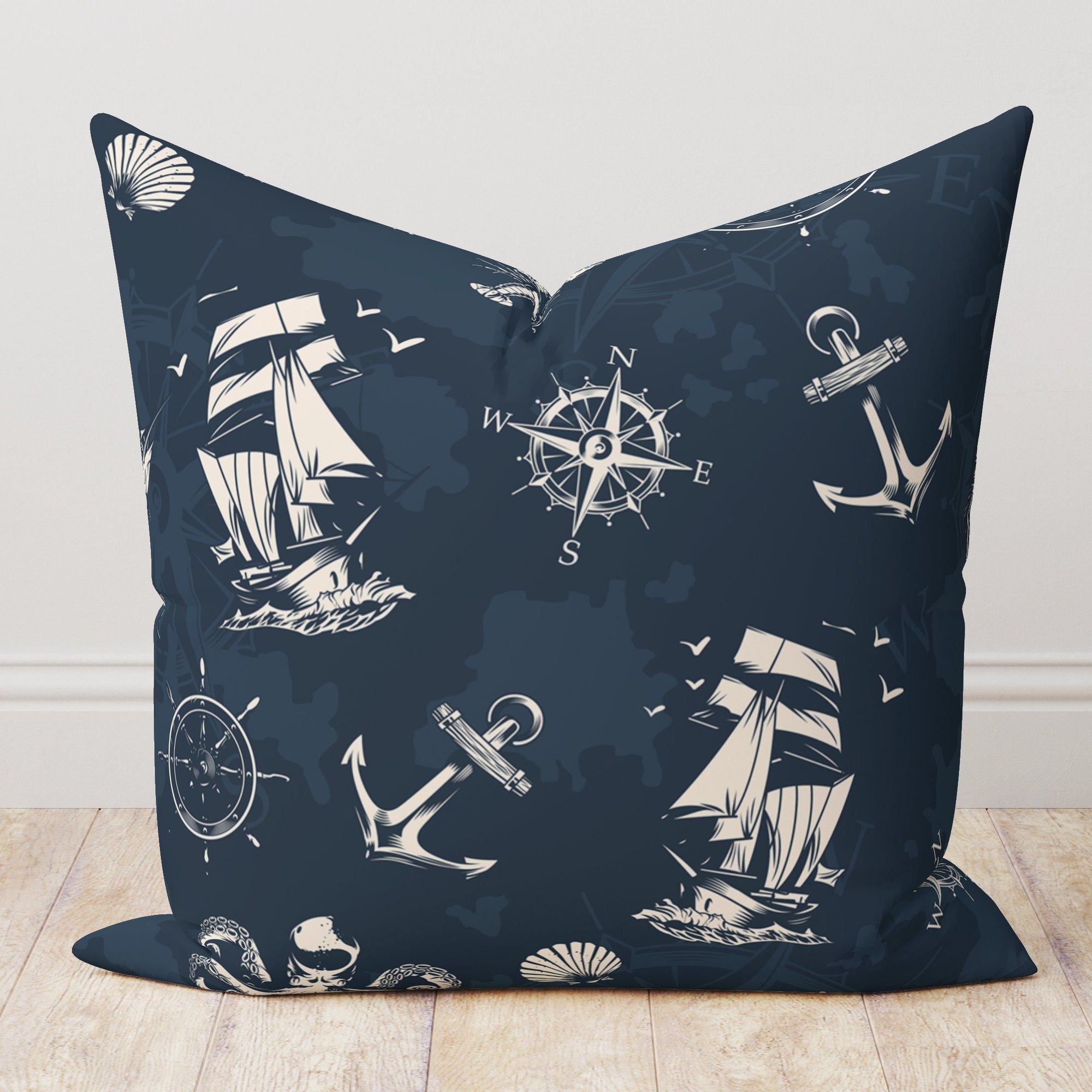 Nautical Pillow Covers, Vintage Sailor Cushion Cover, Sailing Ships Throw Pillow Covers, Marine Pillow Covers, Beach House Pillowcases