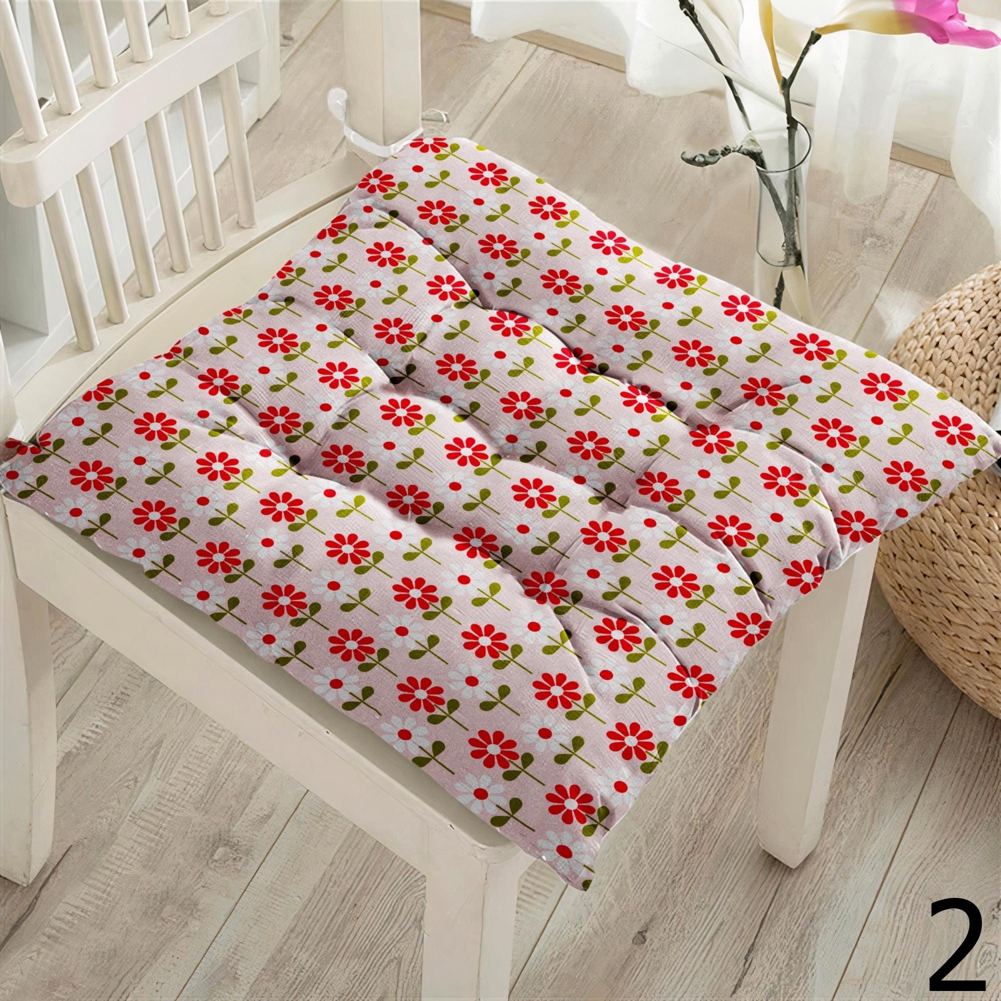 Floral Square Chair Pad, Daisy Flowers Chair Cushion with Ties, Floral Style Patio Chair Cushions, Colorful Floral Chair Pads