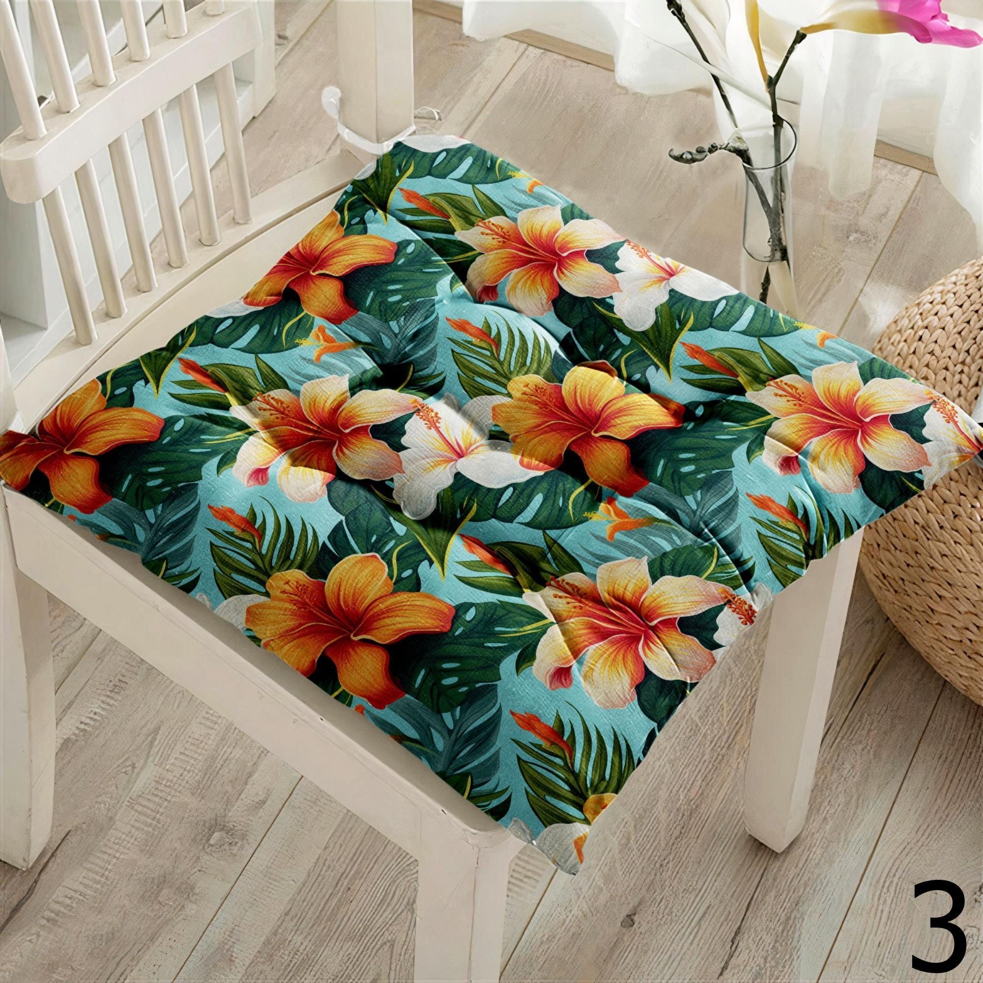 Tropical Floral Chair Cushions, Hawaiian Leaf Seat Pad Covers, Exotic Summer Patio Pillows, Botanical Island Decor Chair Pads