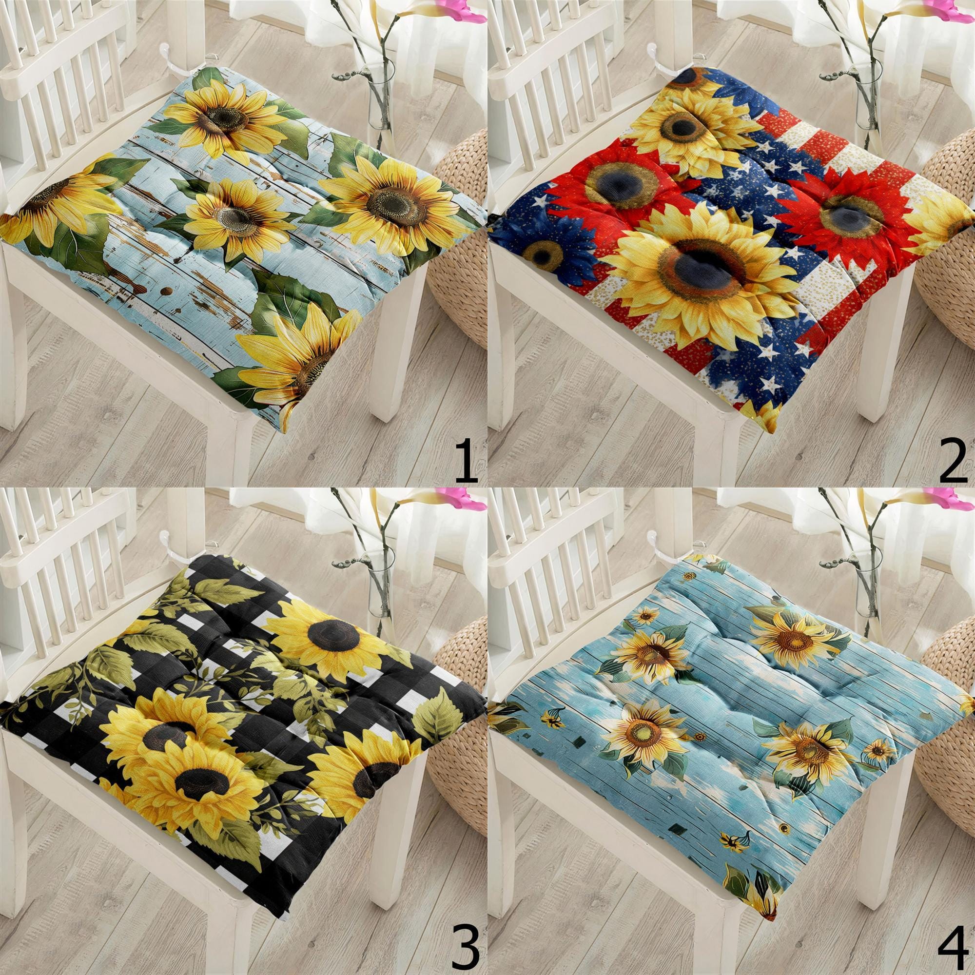 Sunflower Seat Pads, Floral Chair Cushions, Country Style Kitchen Chair Pillow, Rustic Flower Chair Pads, Indoor Outdoor Sunflower Cushions