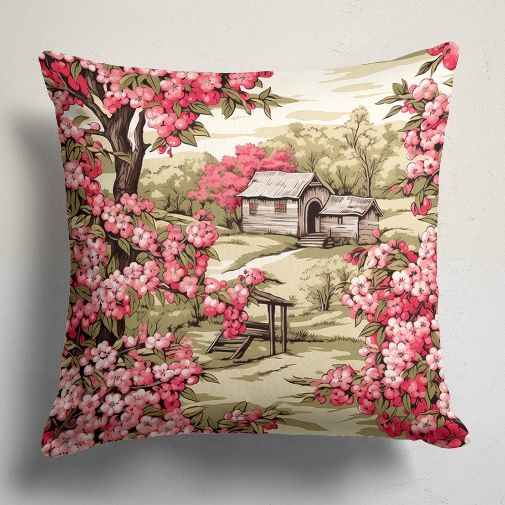 Spring Trees Floral Throw Pillow Cover, Fruit Tree Flowers Pillow Covers, Farmhouse Pink Flowers Cushion Covers, Spring Flowers Pillowcases