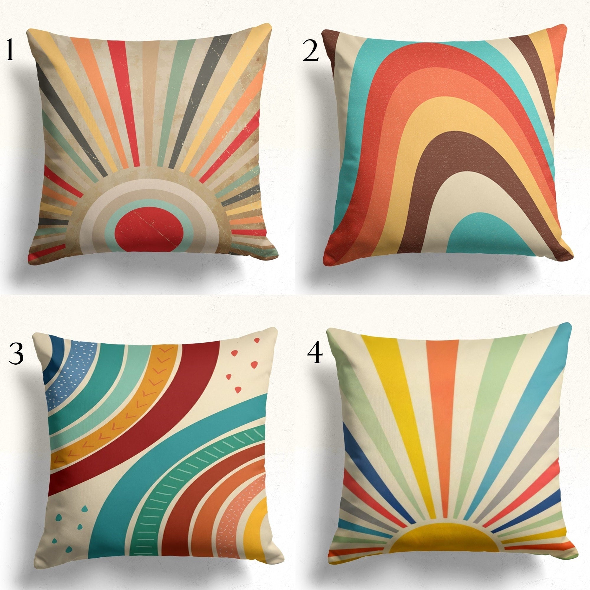 Colorful Retro Pillow Cover,  Retro Rainbow Design Pillow Case, Mcm Boho Hippie Throw Pillow Covers, 50s 60s 70s Rainbow Cushion Cover