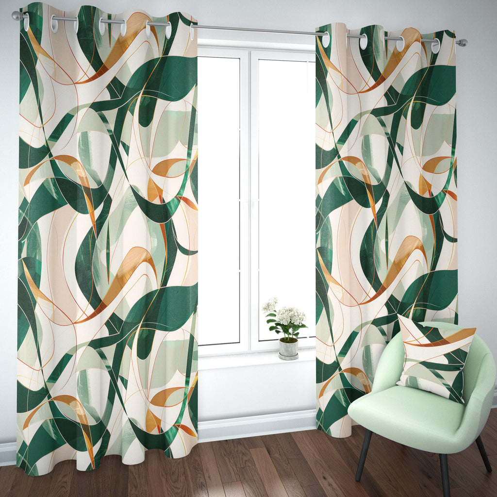 Abstract Curtain Panels, Green Orange Modern Abstract Print Curtains, Emerald Lines Abstract Style Living Room Drapes